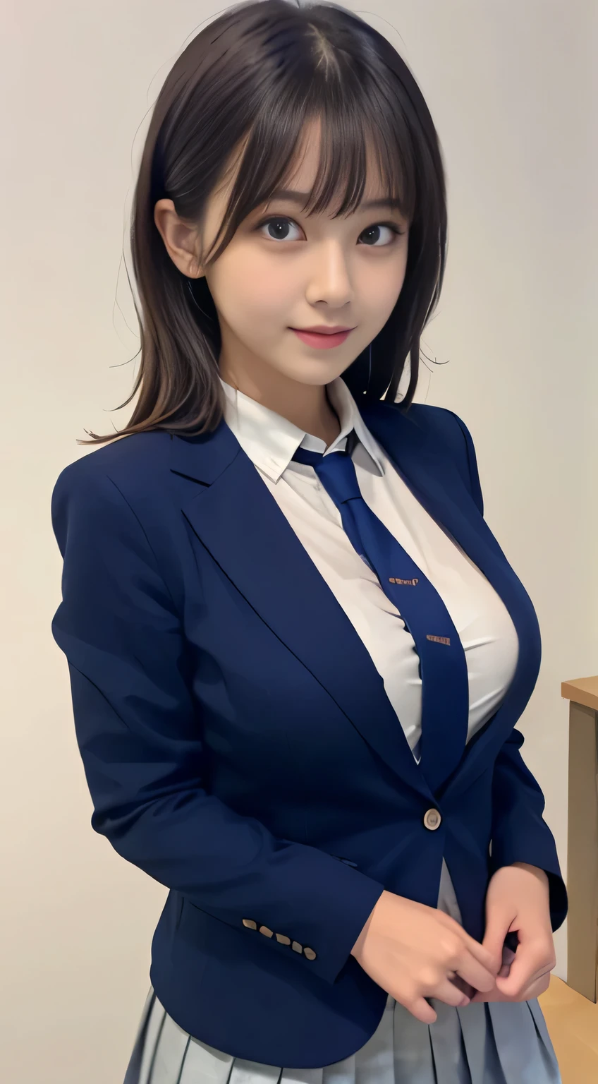 8K, highest quality, real image, intricate details, Super detailed, ultra high resolution, depth field,(realistic,realistic:1.2),table top , frontal shot , From the middle , 1 girl, eye_Chan, very beautiful girl, innocent big eyes,、beautiful breasts:1.5、非常に詳細なeye:1.2)、(beautiful breasts:1.1)、wavy hair、curly hair、bangs、, perfect skin, Fair skin, huge breasts, hands-on、cleavage, tight waist, light blush, alone, looking at the viewer, light smile, ((School_uniform),(dark blue blazer), (white shirt、Wearing a tie), (gray pleated skirt), (sculpture installation :1.1)
