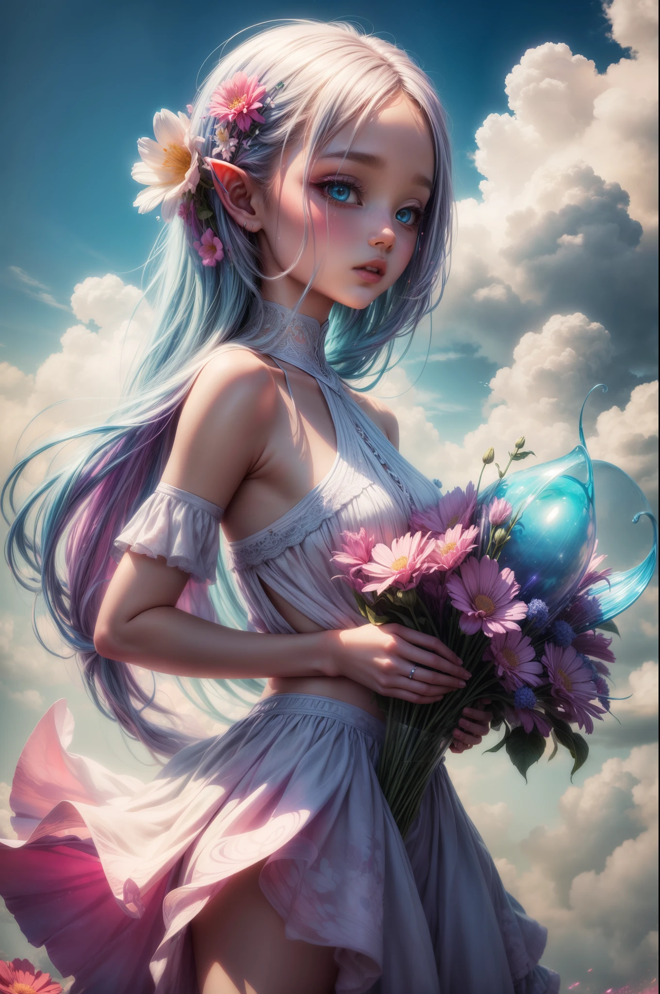A beautiful naked girl, ((Boris Vallejo, style)) in a lush garden, Nina North beautiful gorgeous model  style, sitting among colorful flowers, her skin glowing with natural light, delicate facial features, long eyelashes, full lips, detailed skin texture, barefoot, high resolution, masterpiece, ultra-detailed, photorealistic, dramatic lighting
