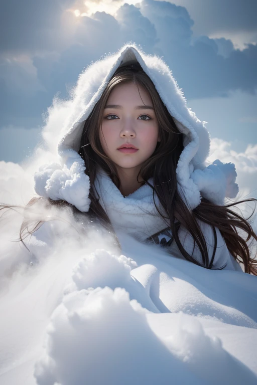 Cloak made of exploding snow clouds, girl， author：Mark Mann, Volop, albrecht durer, Volop, soft wet color, intricately details, Amazing, firey, smokes, The beautiful, Cloudy, Fluffy, static charge, Snowy Land, An artistic masterpiece by the head of real-time engineering