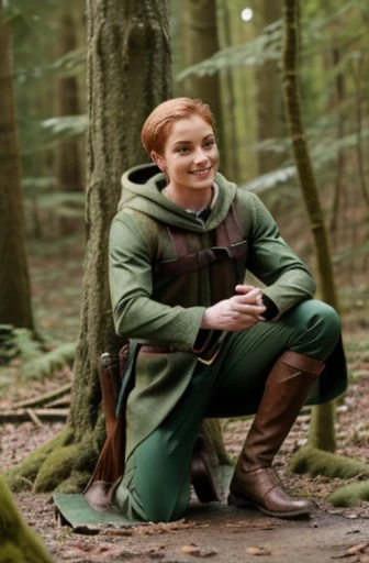 Ginger thief wet in the forest (Robin hood outfit), gazing pleased into the camera, full body shot face to knee