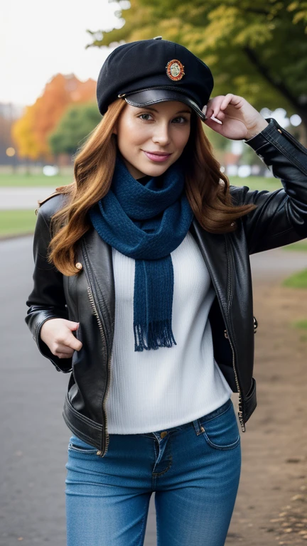 gorgeous, pretty, warm-hearted, kind-hearted, brighty, cheerful, sweet, polite, sensitive, sensible, shiny, charming, stylish, long ginger wavy haired russian woman, she is dressed with denim trousers, a leather biker jacket, riding boots, a black newsboy cap and a pink scarf. She's at the park at morning.