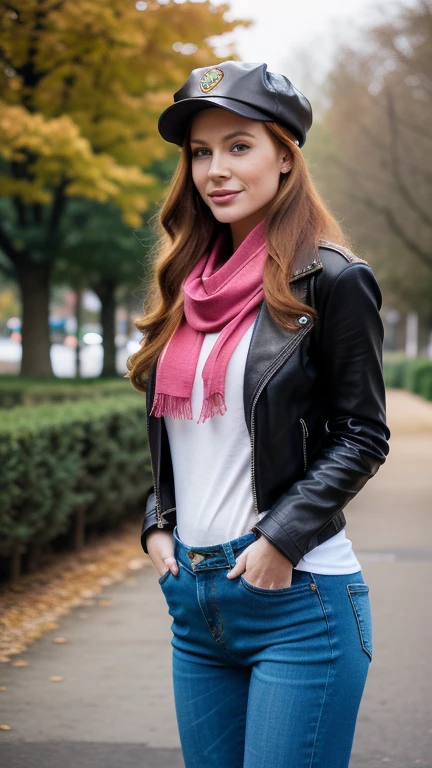 gorgeous, pretty, warm-hearted, kind-hearted, brighty, cheerful, sweet, polite, sensitive, sensible, shiny, charming, stylish, long ginger wavy haired russian woman, she is dressed with denim trousers, a leather biker jacket, riding boots, a black newsboy cap and a pink scarf. She's at the park at morning.