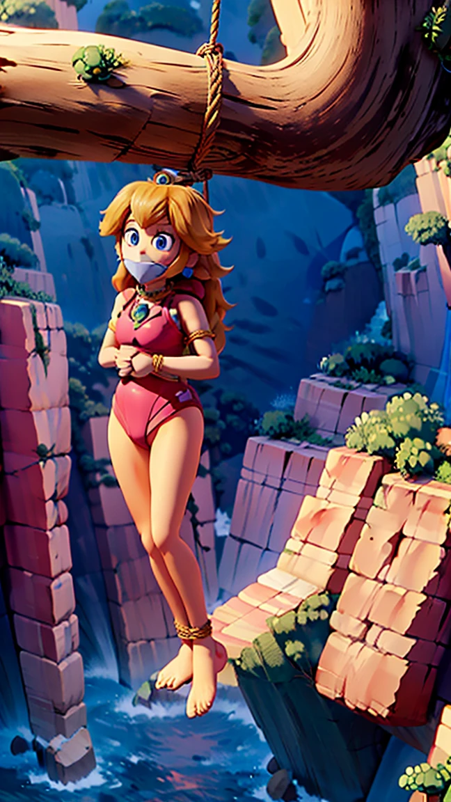 Princess Peach, (((wearing a beatifull bikini))), huge breasts, upper body, masterpiece,8k, best quality, good hands,good eyes, pixarstyle, 1girl, solo, style,parody,3d,long hair, detail hair, blonde hair, maximum detail, intricate detail, extremely clear, beach, nsfw, smile, shy, blush, embaressed, ((long hair)), (tall girl), (solo, 1 girl), ((shibari, arms behind back : 1.4)) , ( full face otn gag mask), (full body view),((toes to head view)), ,((full body model)), ((complete body view photo)), ((standing)), Scared, (Skinny), view the viewer, ((shibari, bound arms, arms back behind:1.4)), tied in a wood pole, (underwater reef), ((tight full face latex mask)), (otn gag), gagged, ((rope around the neck)), ((rope noose on the neck)), ((suspension bondage)), ((((suspension neck)))), (((gallow suspension)), ((wearing a rope necklace))), ((peach hanging in the air)), ((playing hangman)), ((head looking up))