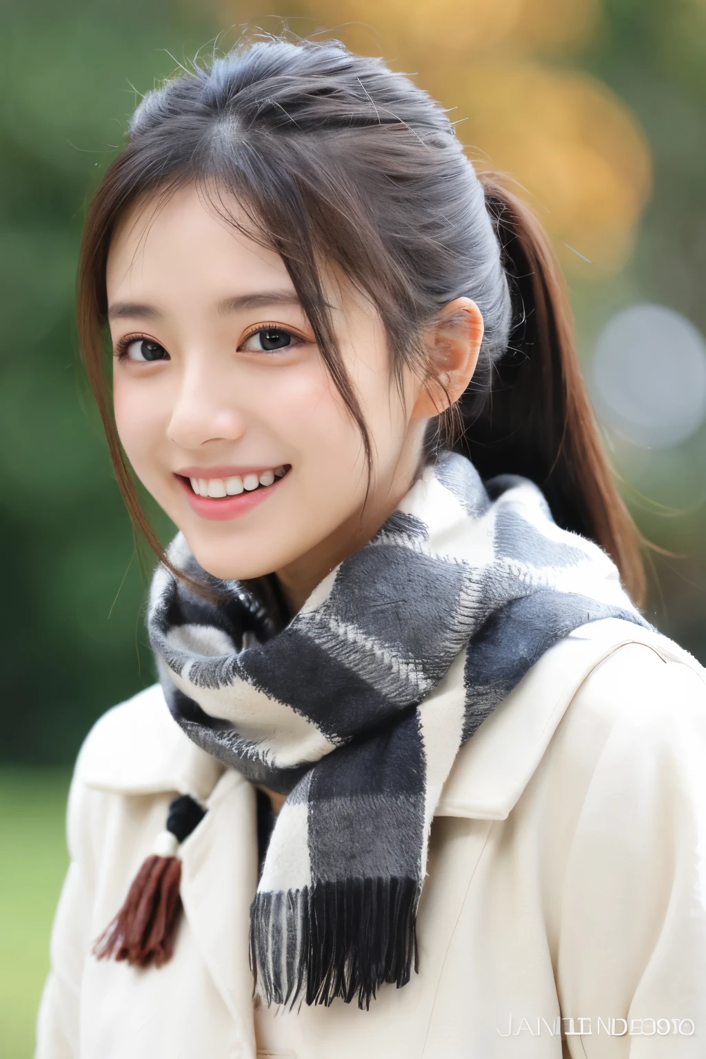 single tail、ponytail、semi-long、girl、20-year-old、30 years old、high resolution、smile、A sluggish face、scarf、background grassland、white coat、glossy lips、profile、Japanese、