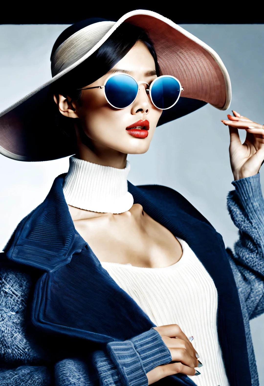 (Modern art dance simple poster design), (Half-length close-up), (Beautiful Chinese girl dancing in the air), (Wearing sunglasses and a hat: 1.2), Mainly cool colors present simple and modern beauty, (An elegant dark blue coat paired with a bright white turtleneck，Exudes a fresh and cold winter atmosphere.) GUI, (briefcase dance: 0.85), Presenting a classic and fashionable style, Wear modern and stylish winter fashion, Girl fair and flawless smooth skin, high nose bridge, Head up posture, sad yet beautiful, slender figure, Exquisite facial features, swirling fog illustration, ink painting, black hair, a ball head, Proud, Surrealism, contemporary art photography, action painting illustration, abstract expressionism, Pixar, depth of field, motion blur, backlight, Fall out, decline, Elevation viewing angle, Sony FE General Manager, ultra high definition, masterpiece, Accuracy, textured skin, Super details, high detail, high quality, Award-winning, best quality, Level, 16k, Shot from a bottom-up perspective,