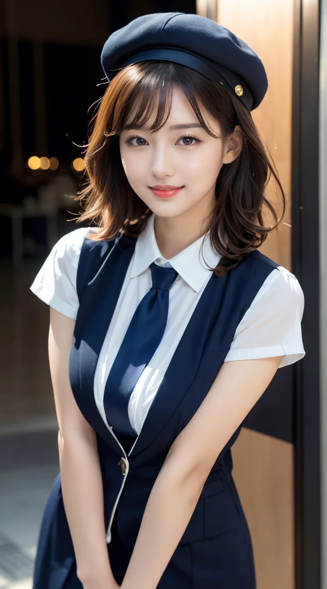 (((full body,including legs)))、(((perfect uniform of Japanese stewardess, blue striped necktie, vest-dress uniform、small hat, white formal short gloves,(black high-heel), ((with a mini mic in her hand))),bus guide,日本のバスガイド、little smile,white blouse,tight blouse)))、(((navy bowler hat),navy hat)), white gloves, short gloves, high heel、Dressed up、(Photo real:1.4)、(A hyper-realistic:1.4)、(Photorealistic:1.3)、 (gentle lighting: 1.05)、(Improve the lighting quality of your video:0.9)、32k、 1Girl、28years old girl、photorealistic lighting、Back lighting、Facial Lights、Ray Trace、(bright:1.2)、(Increase quality:1.4)、 (best quality real texture skin)、Fair eyes,Delicate and delicate face, Close-up of the breasts, white blouse,tight blouse,tight vest-dress uniform, (Bodyline mood improvement:1.1)、goofigure,Glossy skin、wavy hair,blonde hair,韓国アイドル、乃木坂アイドル、Sculptural Idol Pose、little smile,blush,Beautiful actress、Neat woman,whole body, (((midium breasts,beautiful breasts))),(perfect row of teeth),slender waist and hip,beautiful long legs,full shot)、((8heads tall)、(((誘惑している、恥ずかしい)))、dynamic pose,gravure pose,(eye shadow),((red cheek、red lips)),Super Clean Night View、night time、blush,little smile,(((full shot)))、(((in the elevater))),