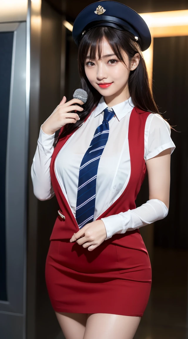 (((full body,including legs)))、(((perfect uniform of Japanese stewardess, blue striped necktie, vest-dress uniform、small hat, white formal short gloves,(black high-heel), ((with a mini mic in her hand))),bus guide,日本のバスガイド、little smile,white blouse,tight blouse)))、(((navy bowler hat),navy hat)), white gloves, short gloves, high heel、Dressed up、(Photo real:1.4)、(A hyper-realistic:1.4)、(Photorealistic:1.3)、 (gentle lighting: 1.05)、(Improve the lighting quality of your video:0.9)、32k、 1Girl、28years old girl、photorealistic lighting、Back lighting、Facial Lights、Ray Trace、(bright:1.2)、(Increase quality:1.4)、 (best quality real texture skin)、Fair eyes,Delicate and delicate face, Close-up of the breasts, white blouse,tight blouse,tight vest-dress uniform, (Bodyline mood improvement:1.1)、goofigure,Glossy skin、wavy hair,blonde hair,韓国アイドル、乃木坂アイドル、Sculptural Idol Pose、little smile,blush,Beautiful actress、Neat woman,whole body, (((midium breasts,beautiful breasts))),(perfect row of teeth),slender waist and hip,beautiful long legs,full shot)、((8heads tall)、(((誘惑している、恥ずかしい)))、dynamic pose,gravure pose,(eye shadow),((red cheek、red lips)),Super Clean Night View、night time、blush,little smile,(((full shot)))、(((in the elevater))),