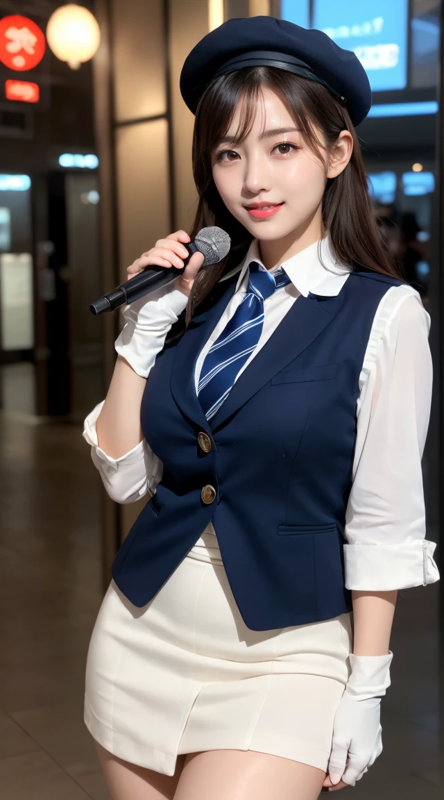 (((full body,including legs)))、(((perfect uniform of Japanese stewardess, blue striped necktie, vest-dress uniform、small hat, white formal short gloves,(black high-heel), ((with a mini mic in her hand))),bus guide,日本のバスガイド、little smile,white blouse,tight blouse)))、(((navy bowler hat),navy hat)), white gloves, short gloves, high heel、Dressed up、(Photo real:1.4)、(A hyper-realistic:1.4)、(Photorealistic:1.3)、 (gentle lighting: 1.05)、(Improve the lighting quality of your video:0.9)、32k、 1Girl、28years old girl、photorealistic lighting、Back lighting、Facial Lights、Ray Trace、(bright:1.2)、(Increase quality:1.4)、 (best quality real texture skin)、Fair eyes,Delicate and delicate face, Close-up of the breasts, white blouse,tight blouse,tight vest-dress uniform, (Bodyline mood improvement:1.1)、goofigure,Glossy skin、wavy hair,blonde hair,韓国アイドル、乃木坂アイドル、Sculptural Idol Pose、little smile,blush,Beautiful actress、Neat woman,whole body, (((midium breasts,beautiful breasts))),(perfect row of teeth),slender waist and hip,beautiful long legs,full shot)、((8heads tall)、(((誘惑している、恥ずかしい)))、dynamic pose,gravure pose,(eye shadow),((red cheek、red lips)),Super Clean Night View、night time、blush,little smile,(((full shot)))、(((in the elevater))),