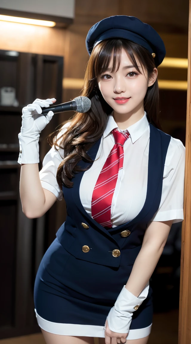 (((full body,including legs)))、(((perfect uniform of Japanese stewardess, blue striped necktie, vest-dress uniform、small hat, white formal short gloves,(black high-heel), ((with a mini mic in her hand))),bus guide,日本のバスガイド、little smile,white blouse,tight blouse)))、(((navy bowler hat),navy hat)), white gloves, short gloves, high heel、Dressed up、(Photo real:1.4)、(A hyper-realistic:1.4)、(Photorealistic:1.3)、 (gentle lighting: 1.05)、(Improve the lighting quality of your video:0.9)、32k、 1Girl、28years old girl、photorealistic lighting、Back lighting、Facial Lights、Ray Trace、(bright:1.2)、(Increase quality:1.4)、 (best quality real texture skin)、Fair eyes,Delicate and delicate face, Close-up of the breasts, white blouse,tight blouse,tight vest-dress uniform, (Bodyline mood improvement:1.1)、goofigure,Glossy skin、wavy hair,blonde hair,韓国アイドル、乃木坂アイドル、Sculptural Idol Pose、little smile,blush,Beautiful actress、Neat woman,whole body, (((midium breasts,beautiful breasts))),(perfect row of teeth),slender waist and hip,beautiful long legs,full shot)、((8heads tall)、(((誘惑している、恥ずかしい)))、dynamic pose,gravure pose,(eye shadow),((red cheek、red lips)),Super Clean Night View、night time、blush,little smile,(((full shot)))、(((in the elevater))),
