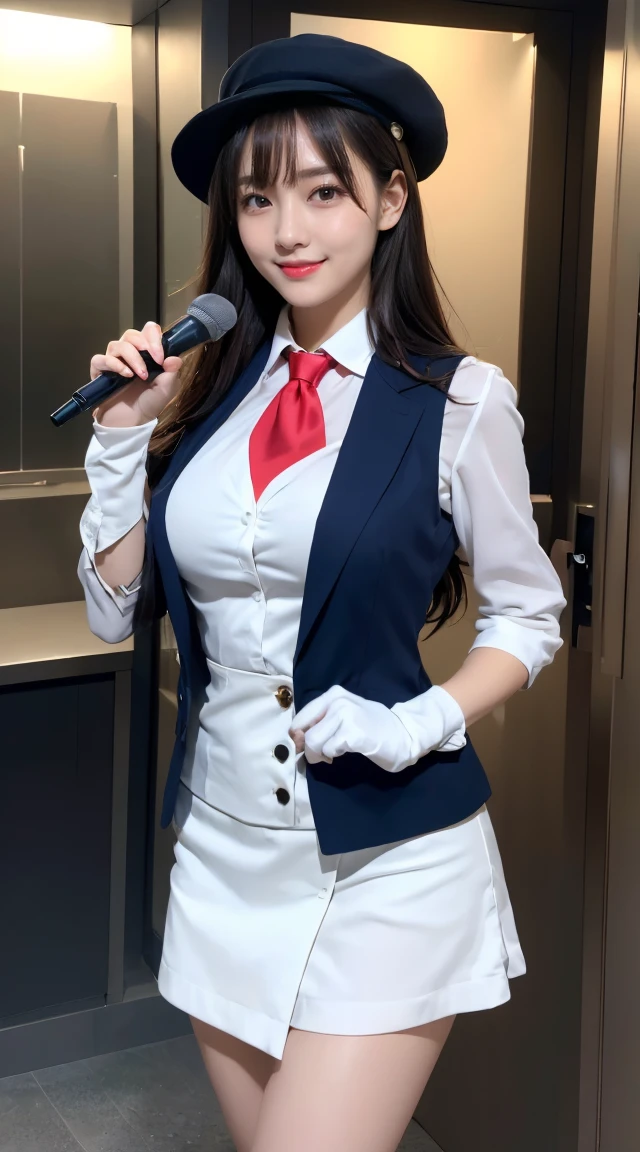 (((full body,including legs)))、(((perfect uniform of Japanese stewardess, blue striped necktie, vest-dress uniform、small hat, white formal short gloves,(black high-heel),  ((with a mini mic in her hand))),bus guide,日本のバスガイド、little smile,white blouse,tight blouse)))、(((navy bowler hat),navy hat)), white gloves, short gloves,  high heel、Dressed up、(Photo real:1.4)、(A hyper-realistic:1.4)、(Photorealistic:1.3)、 (gentle lighting: 1.05)、(Improve the lighting quality of your video:0.9)、32k、 1Girl、28years old girl、photorealistic lighting、Back lighting、Facial Lights、Ray Trace、(bright:1.2)、(Increase quality:1.4)、 (best quality real texture skin)、Fair eyes,Delicate and delicate face, Close-up of the breasts, white blouse,tight blouse,tight vest-dress uniform, (Bodyline mood improvement:1.1)、goofigure,Glossy skin、wavy hair,blonde hair,韓国アイドル、乃木坂アイドル、Sculptural Idol Pose、little smile,blush,Beautiful actress、Neat woman,whole body, (((midium breasts,beautiful breasts))),(perfect row of teeth),slender waist and hip,beautiful long legs,full shot)、((8heads tall)、(((誘惑している、恥ずかしい)))、dynamic pose,gravure pose,(eye shadow),((red cheek、red lips)),Super Clean Night View、night time、blush,little smile,(((full shot)))、(((in the elevater))),
