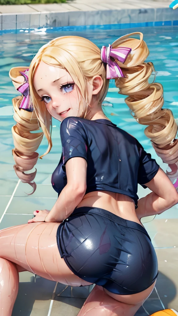 Has long pale hair that is almost creamy，double twin tails、((sweaty skin))、（embarrassed face）、evil smile、bright red cheeks、(((small breasts)))、thighs、(((wet clothes)))、see-through、((super shiny school swimsuit)), butt sticking out, wide hips, pool,crawl on all fours、Seduce with a perfect ass、Looking back、pussy juice