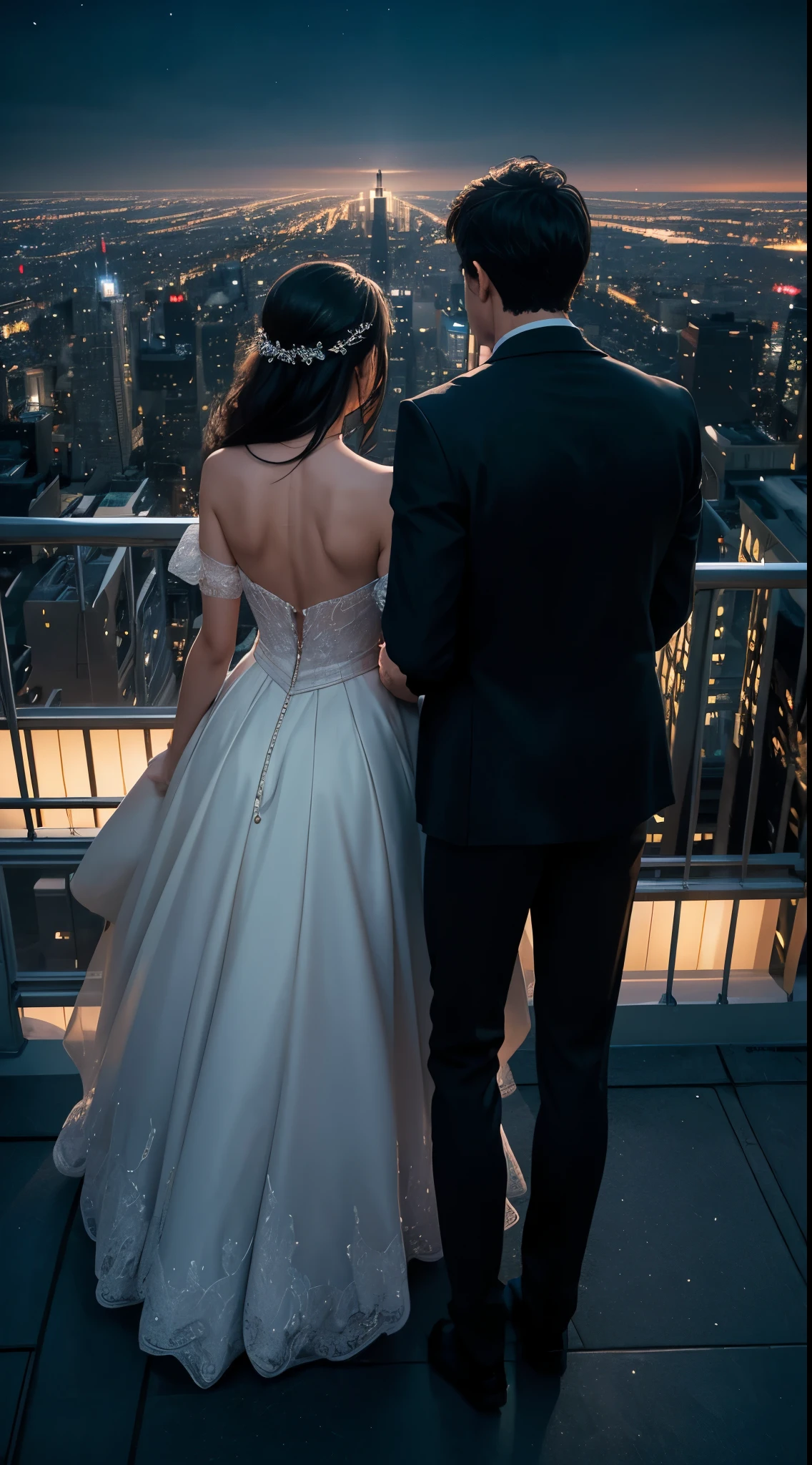 A woman and a man standing on top of a building, creating a beautifully romantic scene. The couple stands against the backdrop of the night sky, with the cityscape in the background.Capture a shot from the back, concealing their faces, adding an air of mystery to the romantic scene atop the building against the night sky and city lights.