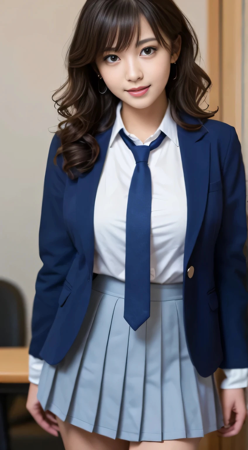 8K, highest quality, real image, intricate details, Super detailed, ultra high resolution, depth field,(realistic,realistic:1.2),table top , frontal shot , From the middle , 1 girl, eye_Chan, very beautiful girl, innocent big eyes,、beautiful breasts:1.5、非常に詳細なeye:1.2)、(beautiful breasts:1.1)、wavy hair、curly hair、bangs、, perfect skin, Fair skin, huge breasts, He puts his left hand on his chest over his clothes..、anxious look、cleavage, tight waist, light blush, alone, looking at the viewer, light smile, ((School_uniform),(dark blue blazer), (white shirt、Wearing a tie), (gray pleated skirt), (sculpture installation :1.1)