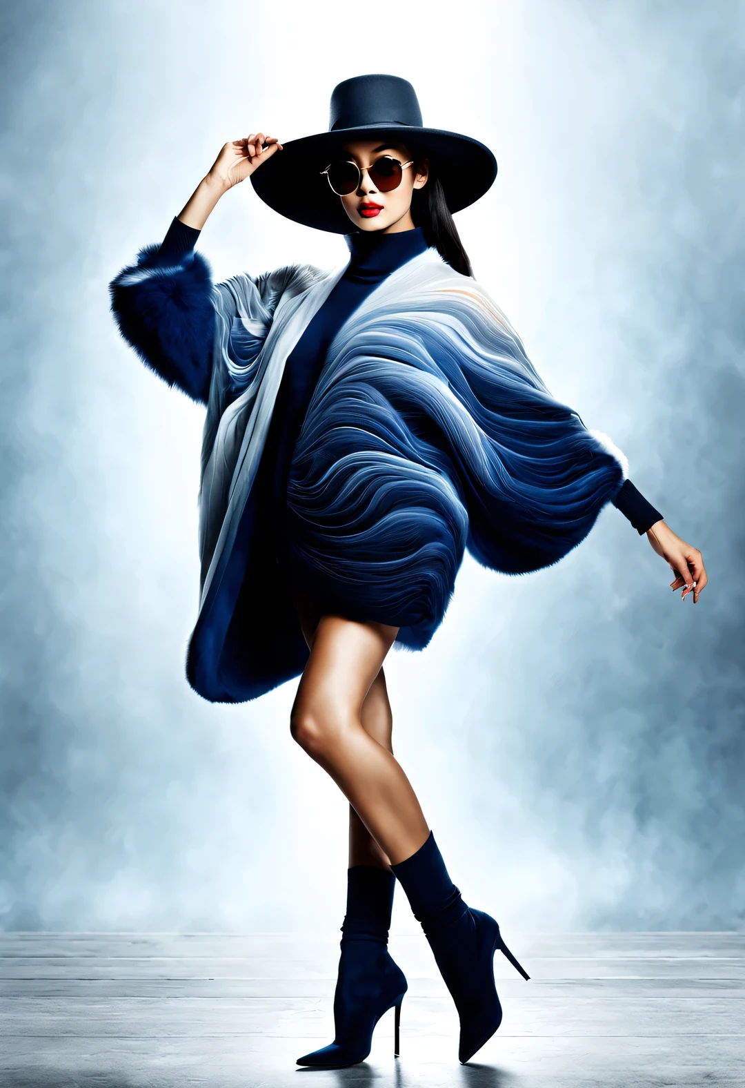 (Modern art dance simple poster design), (Half-length close-up), (Beautiful Chinese girl dancing in the air), (Wearing sunglasses and a hat: 1.2), Mainly cool colors，Presenting the beauty of simplicity and modernity, (Elegant dark blue coat paired with a bright white turtleneck，Exudes a fresh and cold winter atmosphere.) GUI, (briefcase dance: 0.85), Present fashionable style, Wear modern and stylish winter fashion, Girl&#39;s skin is fair, flawless and smooth, high nose bridge, Head up posture, sad but beautiful, slender figure, Exquisite facial features, swirling fog illustration, ink painting, black hair, A ball head, proudly, Surrealism, contemporary art photography, action illustration, abstract expressionism, Pixar, depth of field, motion blur, backlight, Fall out, decline, Looking up, Sony FE General Manager, ultra high definition, masterpiece, Accuracy, textured skin, Super details, high detail, high quality, Award-winning, best quality, grade, 16k, Photographed from a bottom-up perspective,