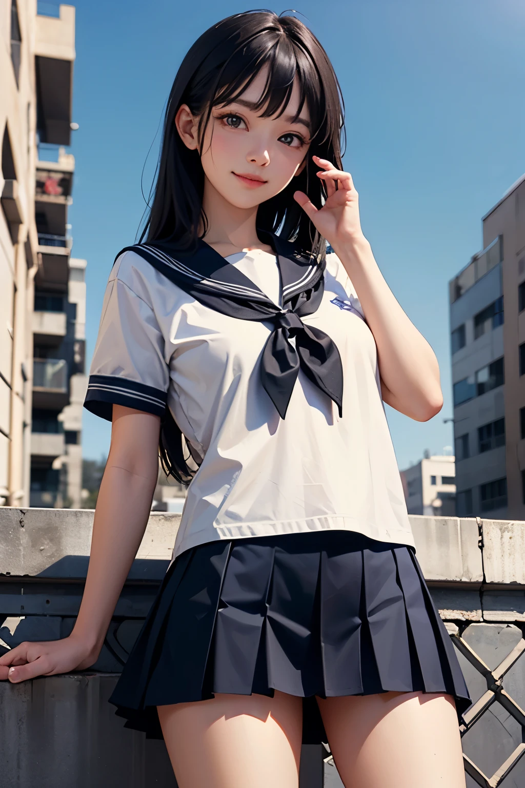 very cute and beautiful girl,(highly detailed beautiful face and eyes:1.2),
(smile:1.2),black hair,standing,sailor school uniform,pleated navy blue mini skirt,from below,
summer,school rooftop,building,chain-link fence,detailed background,
(best quality,masterpiece:1.2),intricate details,extremely detailed,highres,solo,cinematic lighting,ultra-detailed,