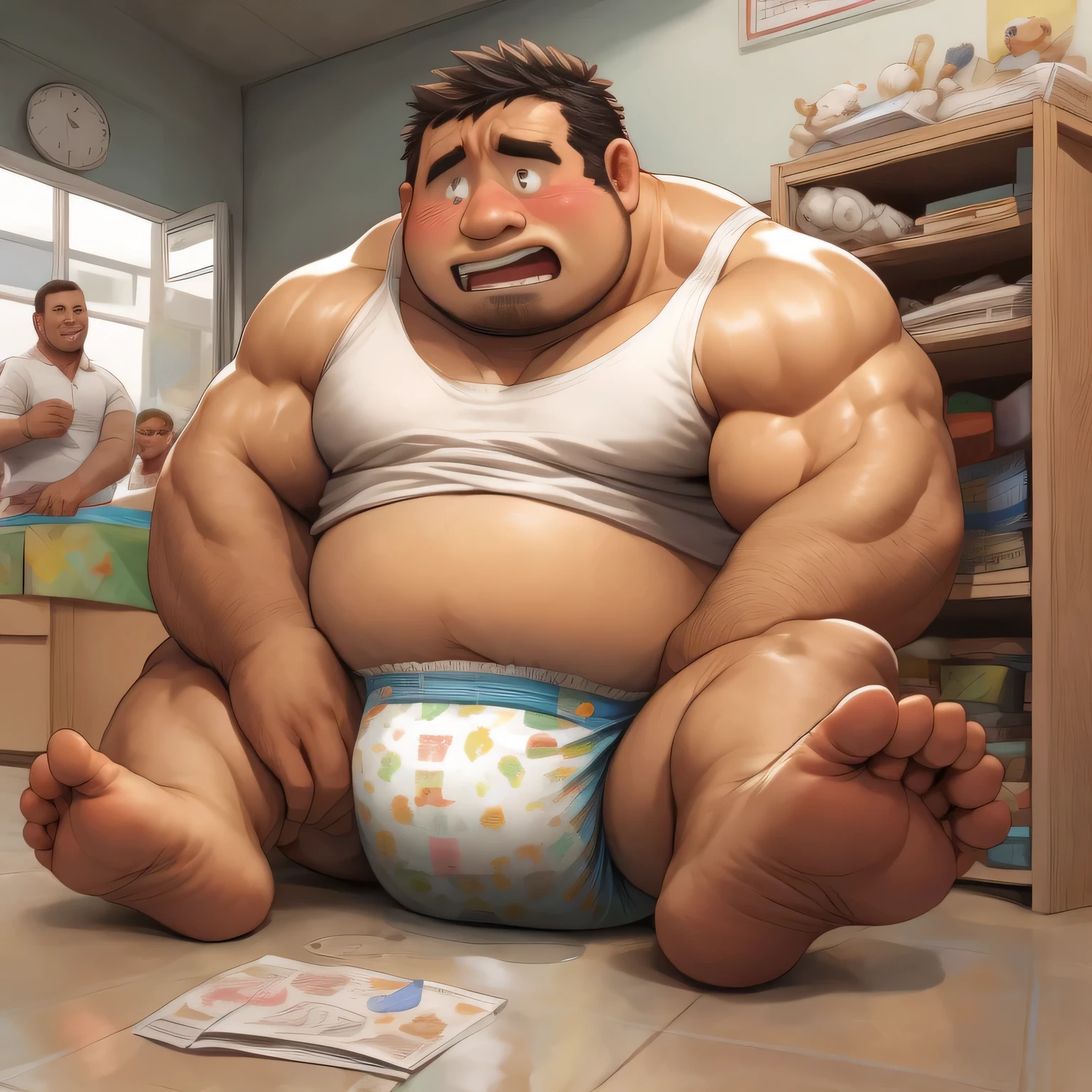 masterpiece,highest quality, In 8K, the fat man is a cruel prisoner, delay, human, 50s, (obesity: 1.0), fatty muscle, bowl leg, he is pressing his heels together, despondency, I was incontinent, 50s, waddle, There is a small puddle at my feet, I was incontinent, naked, short legs, bowl leg, spread your legs, 白い布おむつとフリルの付いたかわいいDroolかけを着用してください, cardboard diaper, Pampers, nakedのお腹, naked足, naked足, nakedの靴底, 上半身naked, wide forehead and short thin hair, A man with a big face and stubble, naked足, nakedの靴底, shy, sob, embarrassing, bright skin tone, Drool, round face, vapor, alone, She enters a nursery school but is looked down upon by the children., he was surrounded by children