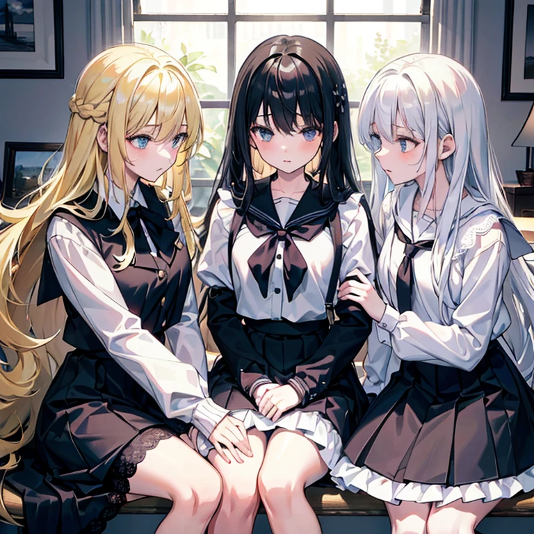 (best quality,4k,8k,highres,masterpiece:1.2), three girls in a love triangle, white-haired girl and black-haired girl fighting over a blonde girl. Hair flowing beautifully, white-haired girl dressed in a sailor suit. Fashion details, black-haired girl wearing gothic lace suspenders skirt. Blonde girl wearing ta fashion. Sweetness, unrequited love, intimacy, indoors, fresh, warm lighting. "Black hair and blonde hair and white hair" Each with their own unique style of clothing.