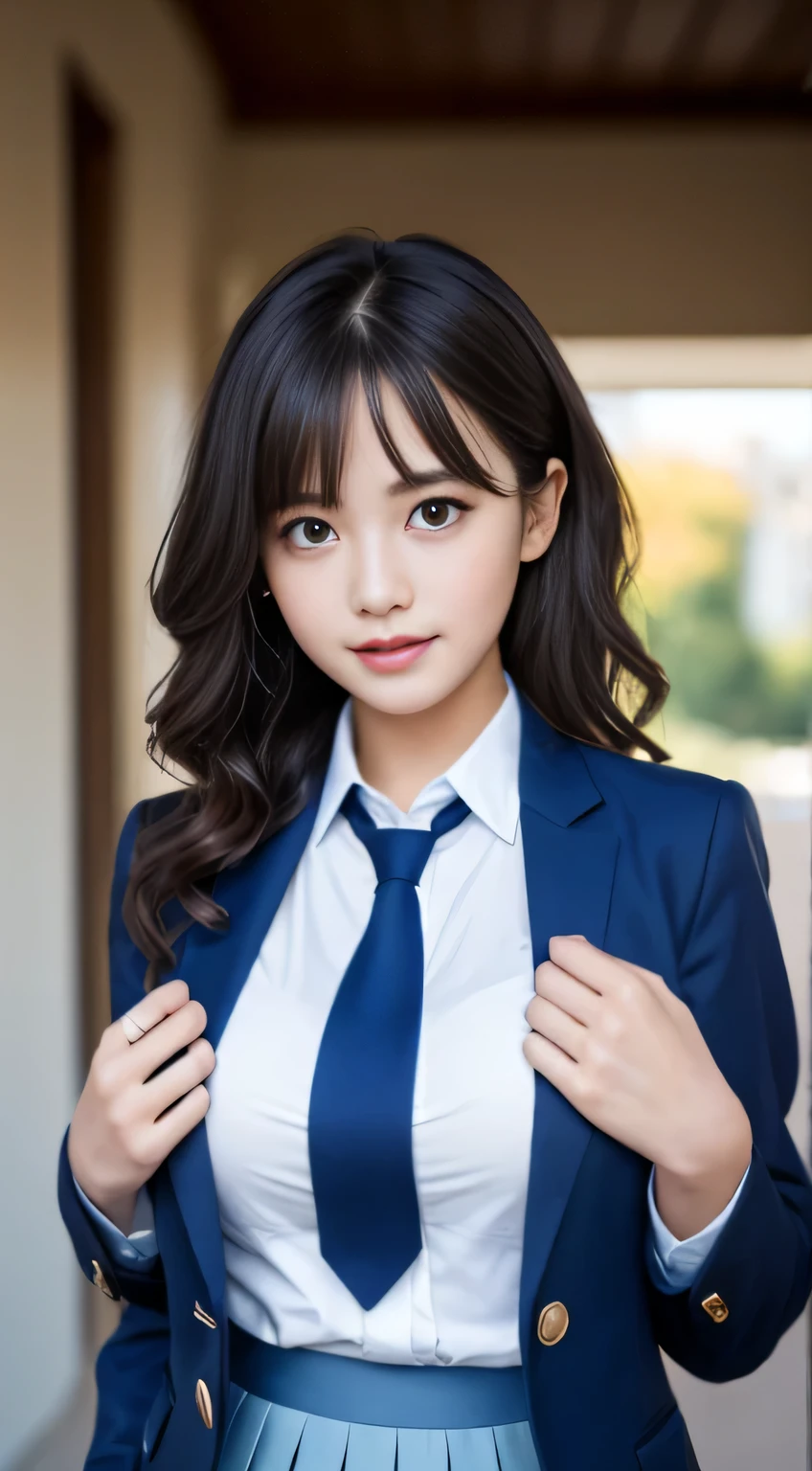 8K, highest quality, real image, intricate details, Super detailed, ultra high resolution, depth field,(realistic,realistic:1.2),table top , frontal shot , From the middle , 1 girl, eye_Chan, very beautiful 17 year old girl, innocent big eyes,、beautiful breasts:1.5、非常に詳細なeye:1.2)、(beautiful breasts:1.1)、wavy hair、curly hair、bangs、, perfect skin, Fair skin, huge breasts, He puts his left hand on his chest over his clothes..、anxious look、cleavage, tight waist, light blush, alone, looking at the viewer, light smile, ((School_uniform),(dark blue blazer), (white shirt、Wearing a tie), (gray pleated skirt), (sculpture installation :1.1)