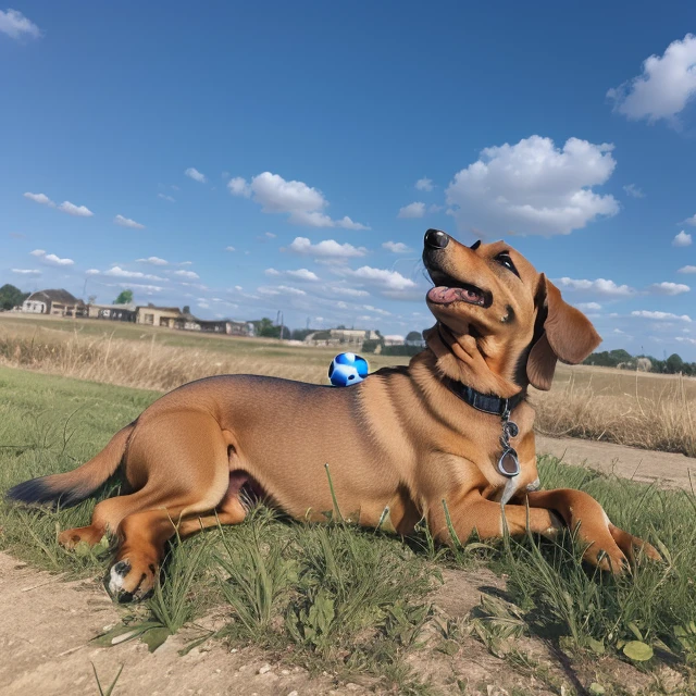 there is a dog, a dachshund lying in the grass, a happy dachshund is catching a ball, proudly looking away from the camera, mixed art, stylish pose, sunny day