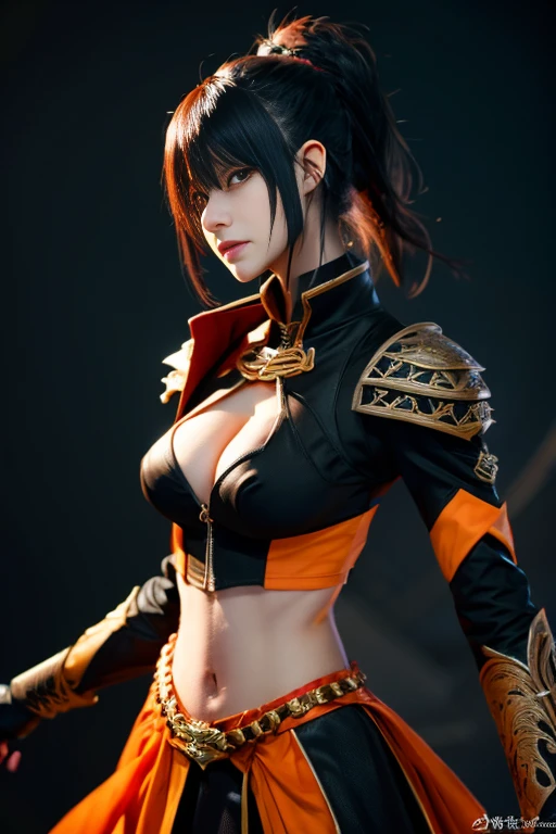 Beautiful 25 year old Japanese female vampire with black hair in a ponytail, white skin, serious expression, He is wearing a black and orange assassin costume., waist up shot, dynamic pose, environmental lighting, photorealism, intricate facial details, intricate hand details, very detailed, Bright colors, cinematic, High resolution, Art Station Trends--Style Raw