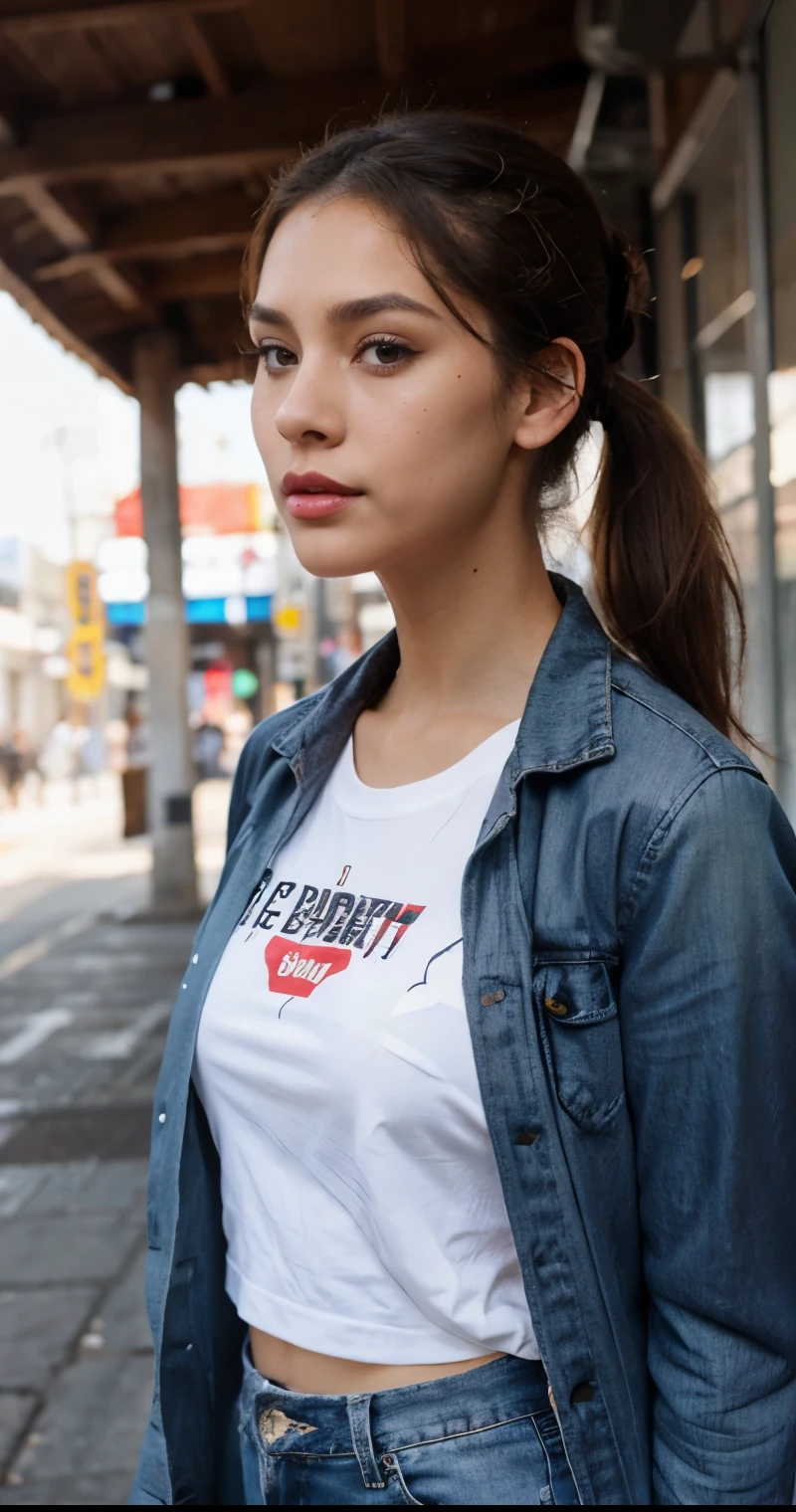 Beautiful skinny girl, elongated face and thin chin, freckles, brown ponytail hair, brown eyes, red lipstick, beautiful makeup, white skin, with patterned t-shirt , black pants, a black jean coat , sexy style