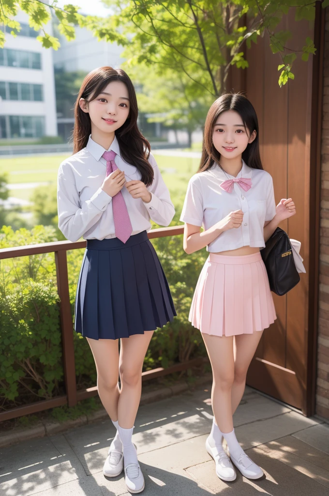 Three dressed girls taking pictures at school, Japanese school uniform, 3beautiful girl, female student, 三个日本female student摆姿势, Qingfu, Japanese high school girl, slim legs、long legs、white socks、frilly skirt、mini skirt、double tail、smile smile、small 、Full body female love、chum