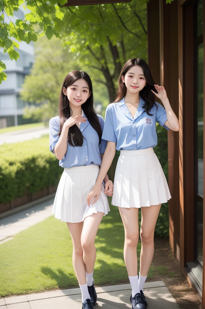 Three dressed girls taking pictures at school, Japanese school uniform, ３beautiful girl, female student, 三个日本female student摆姿势, Qingfu, Japanese high school girl, slim legs、long legs、white socks、frilly skirt、mini skirt、double tail、smile smile、small 、Full body female love、chum