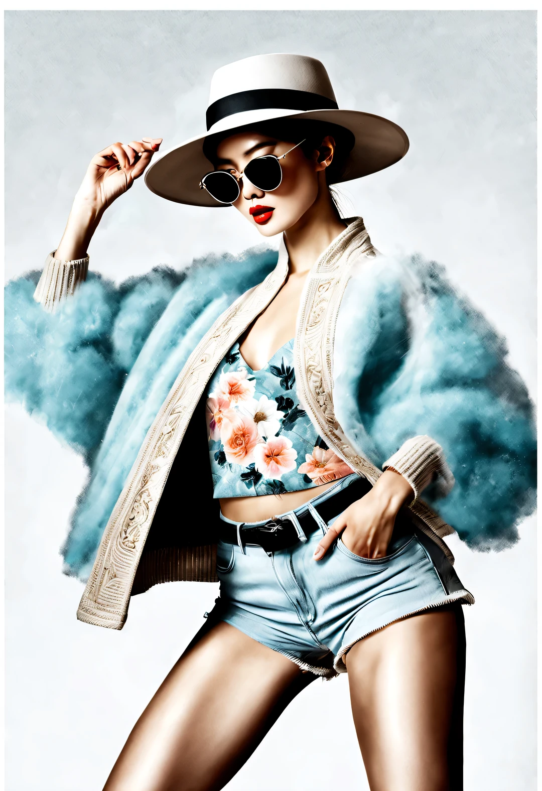 (Modern art dance simple poster design), (Half-length close-up), (Beautiful Chinese girl dancing in the air), (Wearing sunglasses and a hat: 1.2), Characterized by exquisite details and layering, The pastel tones of a light blue jacket and an off-white floral sweater blend together, Black and white plaid pants also have a sharp contrast, Create an elegant and modern urban style. (Briefcase flight: 0.85), Wear modern and stylish winter fashion, slim waist, high nose bridge, Head up posture, sad but beautiful, slender figure, Exquisite facial features, correct finger, swirling fog illustration, ink painting, black hair, Princess curly long hair, Proudly, Surrealism, contemporary art photography, action illustration, abstract expressionism, Pixar, depth of field, motion blur, backlight, Fall out, decline, Look up, Sony FE General Manager, ultra high definition, masterpiece, Accuracy, textured skin, Super details, high detail, high quality, Award-winning, best quality, grade, 16k, Photographed from a bottom-up angle,