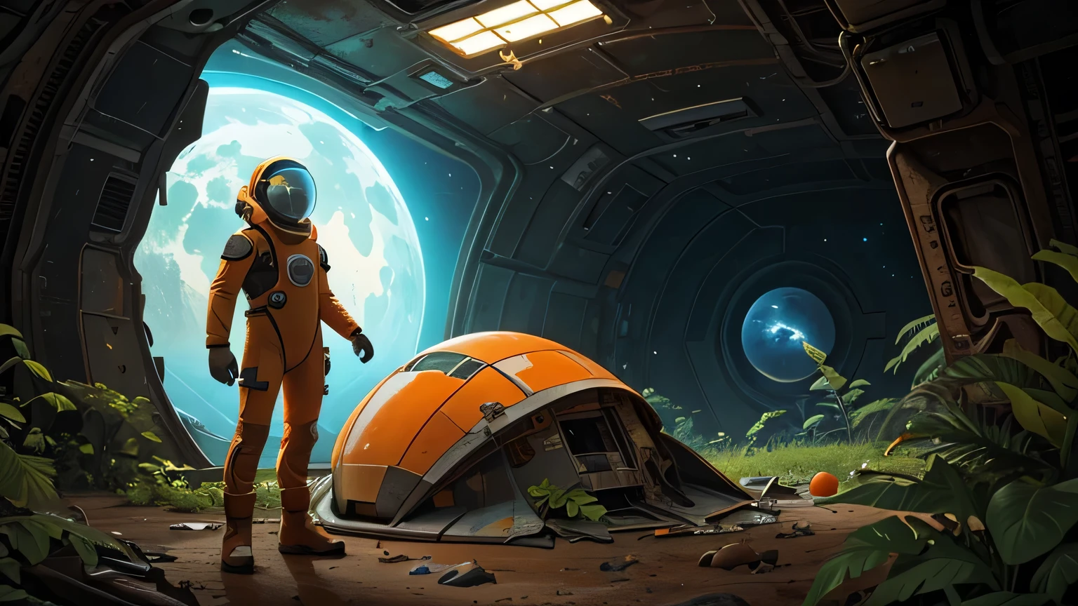 Ein Bild eines Menschen auf einem tropischen Planeten irgendwo im Weltraum mit einer Orange, Der futuristische Raumanzug entdeckt einen alten, Rusted and half-destroyed space shuttle, die dort seit mehreren Jahren liegt. The picture exudes a cold and lonely atmosphere. Der Planet, auf dem sich der Mensch befindet, is surrounded by alien plants