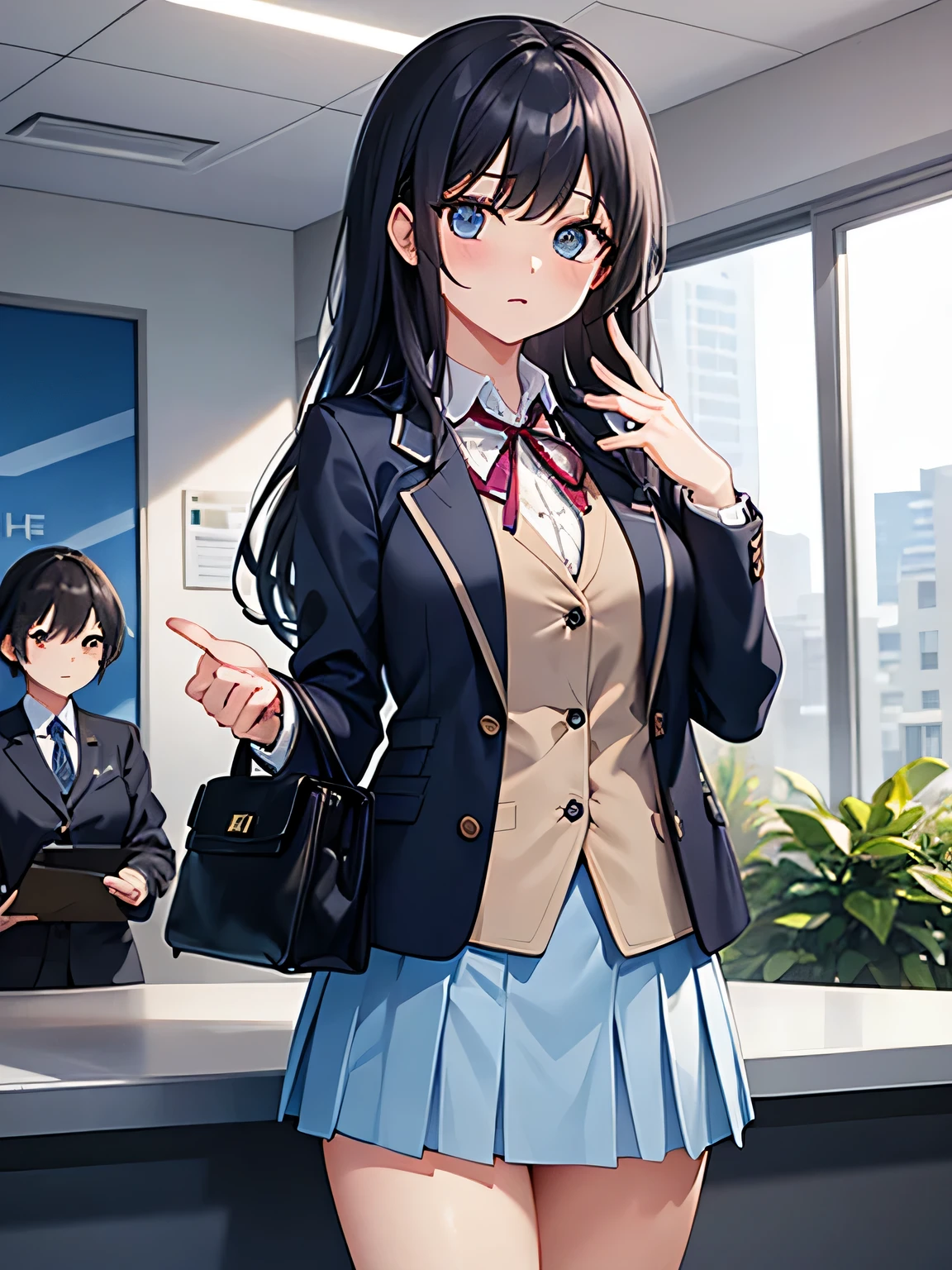 (1) A woman is waiting at the company's reception counter.. (There was only one woman at the reception counter..)
(2) The woman is wearing a light blue blazer and a light blue skirt. she wears a ribbon around her neck. (Blazer buttons must be closed.)
(3) she has long black hair.
(4) her expression is cold and cold.
(5) The location is the company's reception counter..