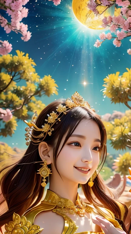 In a vibrant and mesmerizing scene, a golden sun radiates its warm and luminous light, casting a heavenly glow upon the surroundings. Towering trees adorned with golden flowers sway gently in the soft breeze. In the center, a majestic phoenix gracefully takes flight, its vibrant feathers ablaze with hues of gold and red.
Various Buddhas and bodhisattvas are scattered throughout the scene, each exuding a serene and divine presence. Their serene faces and compassionate gazes capture the essence of enlightenment. A treasure ship, filled with precious artifacts and jewels, sails across the sky, symbolizing abundance and prosperity.
Amidst this divine ambiance, a beautiful Buddhist goddess stands, emanating an aura of grace and compassion. Her detailed eyes exude kindness and wisdom, while her lips curve gently into a serene smile. Her presence adds a touch of elegance and tranquility to the scene.
The God of Wealth, adorned with opulent robes and a benevolent expression, bestows blessings of wealth and prosperity upon the world. His presence adds an element of fortune and abundance.
The divine paintings, inspired by the teachings of Buddhism and Shinto, depict celestial realms and enlightened beings. Each stroke of the artist's brush captures the essence of spirituality and enlightenment, creating a visual masterpiece that transcends boundaries.
In terms of image quality, the generated artwork is of the best quality, with high resolution (4k, 8k) and an ultra-detailed depiction. The colors are vivid and the lighting emphasizes the ethereal nature of the scene.
Overall, this prompt invites Stable Diffusion to create an awe-inspiring image that merges elements of spirituality, divinity, and prosperity. The golden sun, flowers, and divine beings imbue the scene with a sense of tranquility and enlightenment, while the treasure ship and God of Wealth add an element of abundance and prosperity. The divine paintings mirror the profound teachings of Buddhism and Shinto, captivating the viewer with their beauty and spirituality.