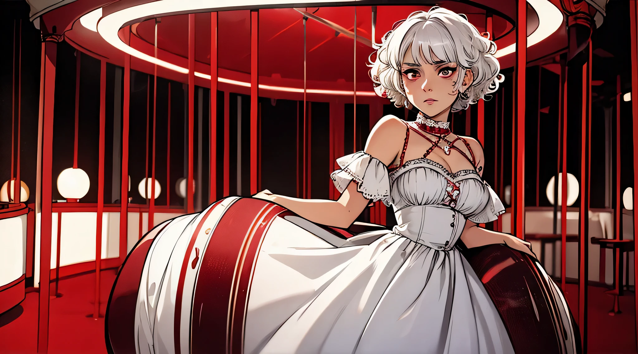 woman, white hair, short hair, curly, dress, scratches on face, standing in front of a crimson carousel, horrific style