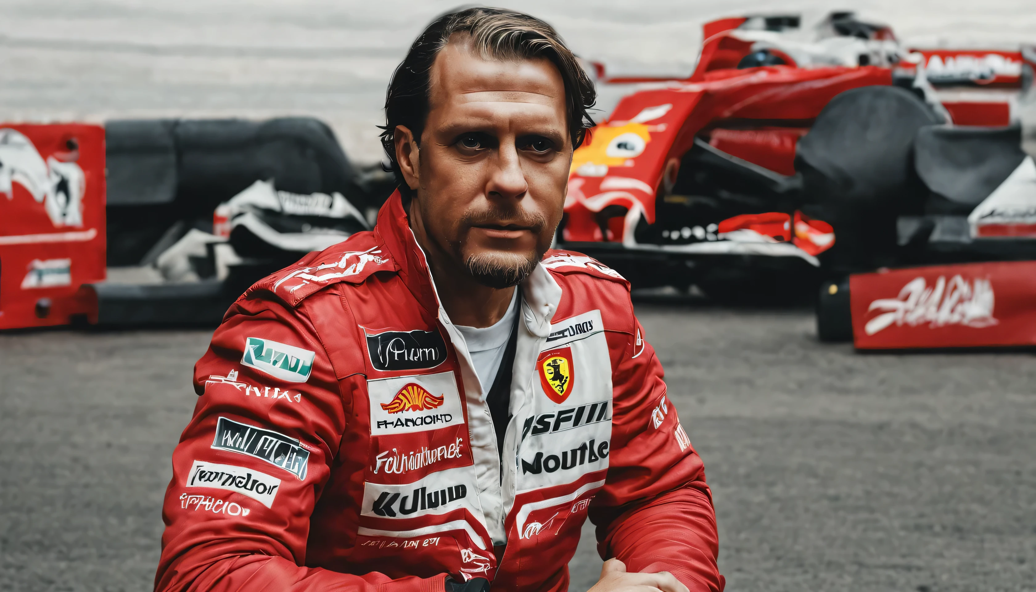 (hyper realistic, photorealistic, 4k, UHD, intricate details, Anton, long shot) Anton, A photo shoot where Anton is wearing his formula 1 racing suite, posing next to his Formula 1 Ferrari, cinematic, keyword Anton