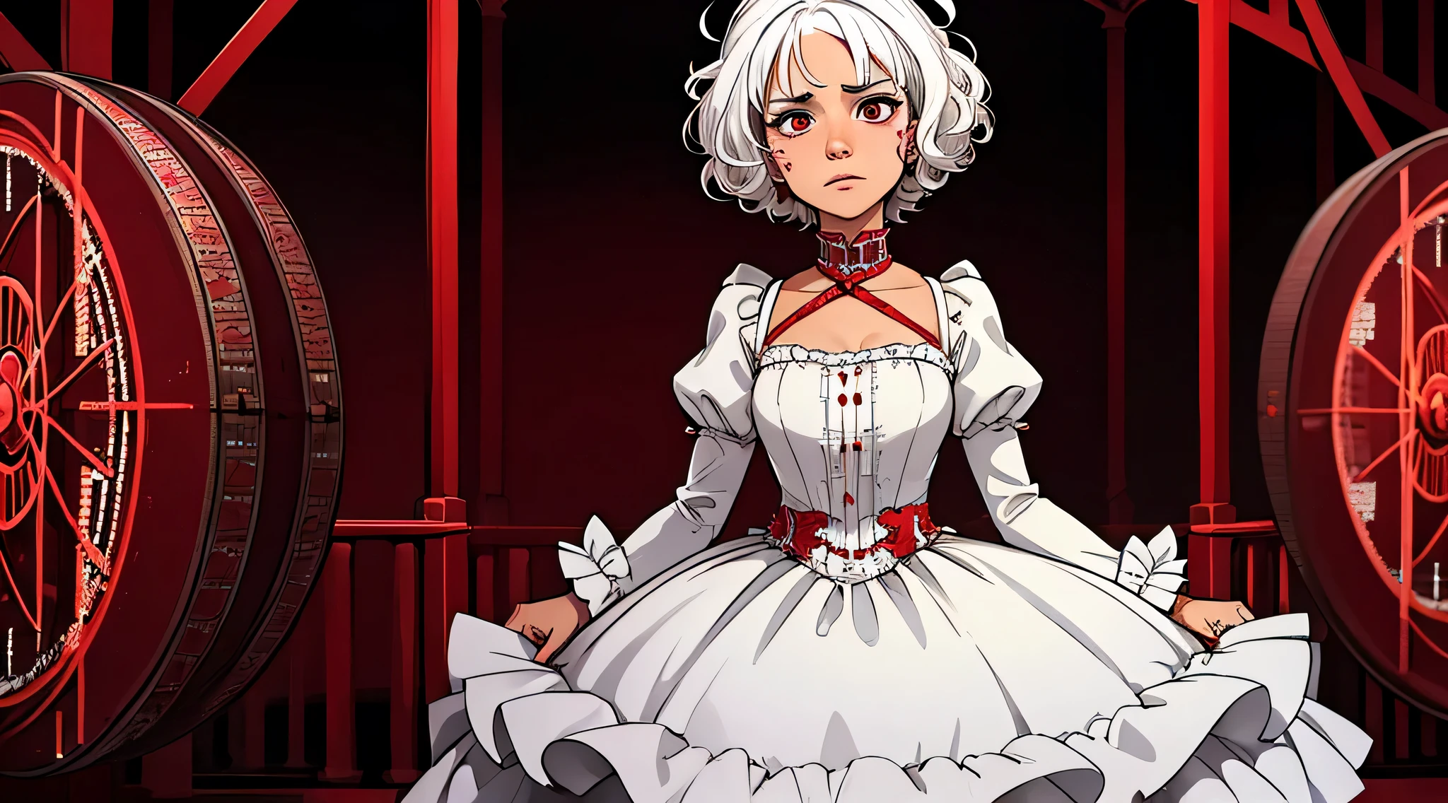 woman, white hair, short hair, curly, dress, scratches on face, standing in front of a crimson carousel, horrific style