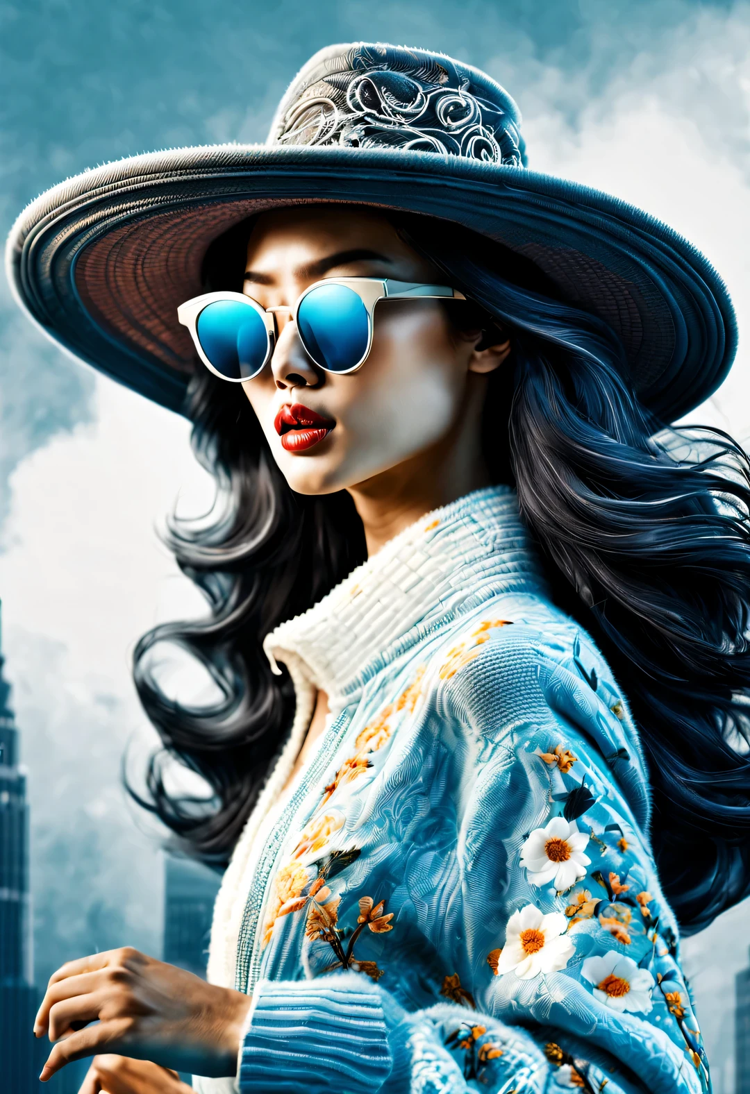 (Modern art dance simple poster design), (Half-length close-up), (Beautiful Chinese girl kissing big luxury leather bag,), (（Wearing sunglasses and braided hairstyle：1.2）), Characterized by exquisite details and layering, The pastel tones of a light blue jacket and an off-white floral sweater blend together, Black and white plaid pants also have a sharp contrast,， Wear modern and stylish winter fashion, slim waist, high nose bridge, look up姿势, sad but beautiful, slender figure, Exquisite facial features, swirling fog illustration, ink painting, black hair,Proudly, Surrealism, contemporary art photography, action illustration, abstract expressionism, Pixar, depth of field, motion blur, backlight, Fall out, decline, look up, Sony FE General Manager, ultra high definition, masterpiece, Accuracy, textured skin, Super details, high detail, high quality, Award-winning, best quality, grade, 16k, Photographed from a bottom-up angle,