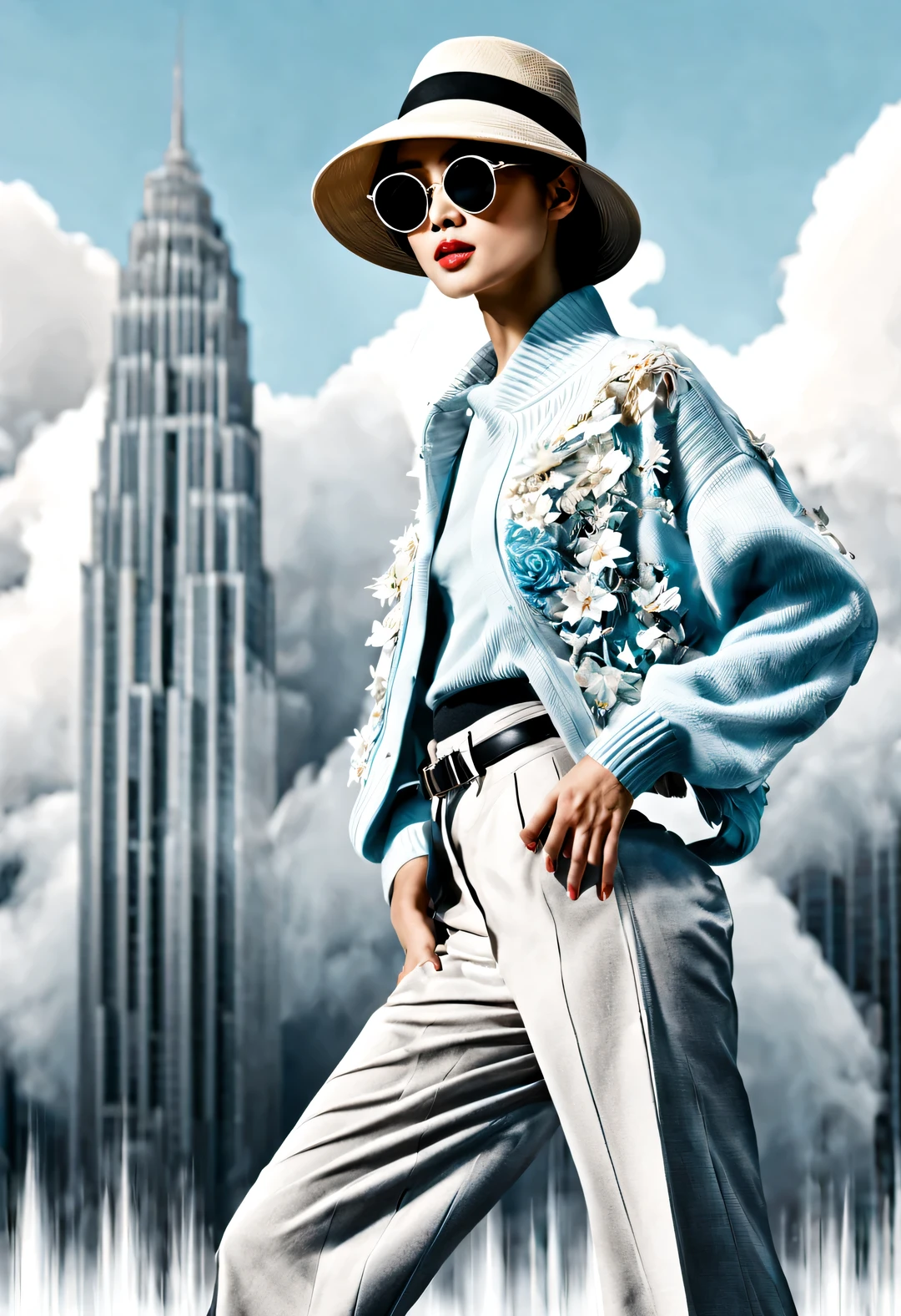 (Modern art dance simple poster design), (Half-length close-up), (Beautiful Chinese girl dancing in the air), (Wearing sunglasses and a hat: 1.2), Characterized by exquisite details and layering, The pastel tones of a light blue jacket and an off-white floral sweater blend together, Black and white plaid pants also have a sharp contrast, Create an elegant and modern urban style. (Briefcase flight: 0.85), Wear modern and stylish winter fashion, slim waist, high nose bridge, Head up posture, sad but beautiful, slender figure, Exquisite facial features, correct finger, swirling fog illustration, ink painting, black hair, Princess curly long hair, Proudly, Surrealism, contemporary art photography, action illustration, abstract expressionism, Pixar, depth of field, motion blur, backlight, Fall out, decline, Look up, Sony FE General Manager, ultra high definition, masterpiece, Accuracy, textured skin, Super details, high detail, high quality, Award-winning, best quality, grade, 16k, Photographed from a bottom-up angle,