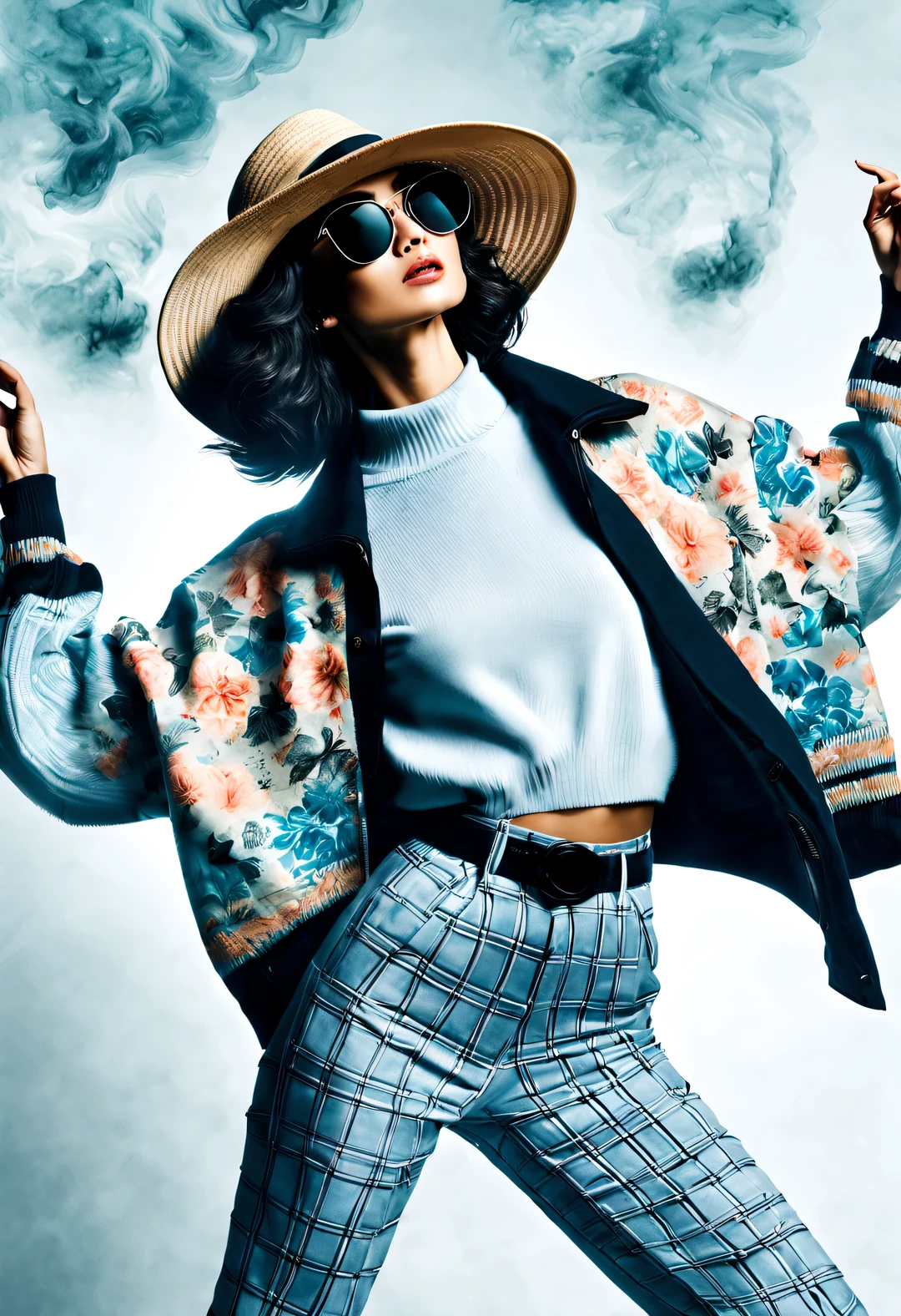 (Modern art dance simple poster design), (Half-length close-up), (Beautiful Chinese girl kissing big luxury leather bag,), (（Wearing sunglasses and braided hairstyle：1.2）), Characterized by exquisite details and layering, The pastel tones of a light blue jacket and an off-white floral sweater blend together, Black and white plaid pants also have a sharp contrast,， Wear modern and stylish winter fashion, slim waist, high nose bridge, look up姿势, sad but beautiful, slender figure, Exquisite facial features, swirling fog illustration, ink painting, black hair,Proudly, Surrealism, contemporary art photography, action illustration, abstract expressionism, Pixar, depth of field, motion blur, backlight, Fall out, decline, look up, Sony FE General Manager, ultra high definition, masterpiece, Accuracy, textured skin, Super details, high detail, high quality, Award-winning, best quality, grade, 16k, Photographed from a bottom-up angle,