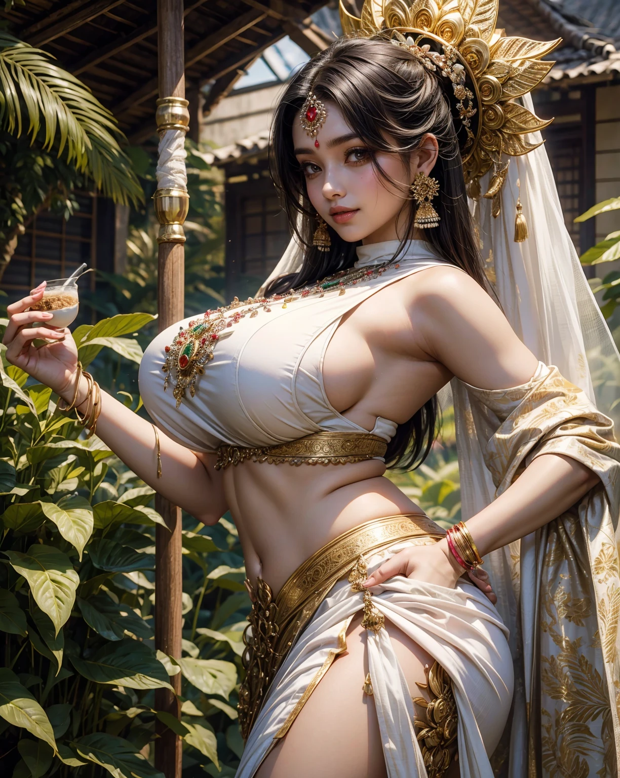 a woman with a flower in her hair, indian girl, front view, big huge boobs, mini white skirt, sakimi chan, yami kawaii, 1, kimi takemura, thick bow, streaming on twitch, meg kimura, backshot, studio kai, ayaka, patreon content, takada akemi, bangkuart, electrixbunny, very round, indian idol, bian luan a woman in a white sari, beautiful smile, indian goddess, assamese aesthetic, wearing bihu dress mekhela sador, sari, madhubani, traditional beauty, dayanita singh, beautiful model girl, nakolki, wearing sari, assamese, gold madhubani, silver white details, white color scheme, japandi, background: assam tea garden
