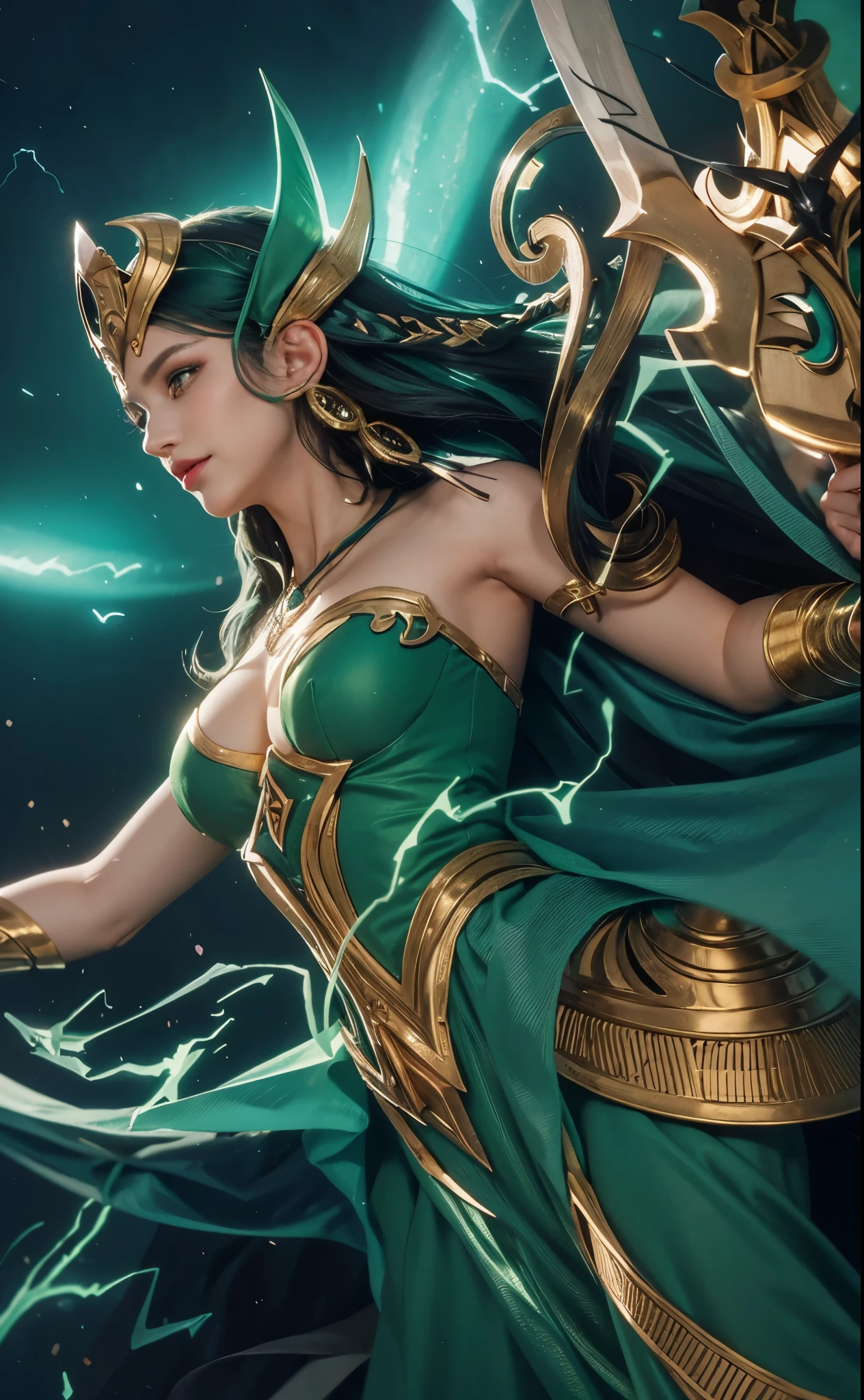 Woman with green dress, woman with very long hair, woman with blue spreading lightning and  Trident spear, woman with  Accessories on her head, woman with  Accessories on her ear, woman with thic tight, woman with pink lipstick, woman using green dress with beautiful eyes, woman using green dress with beautiful face,woman using green dress with blue ocean background, woman with thic armpit, woman using green dress holding trident spear, woman using green dress with big round beautiful eyes 
