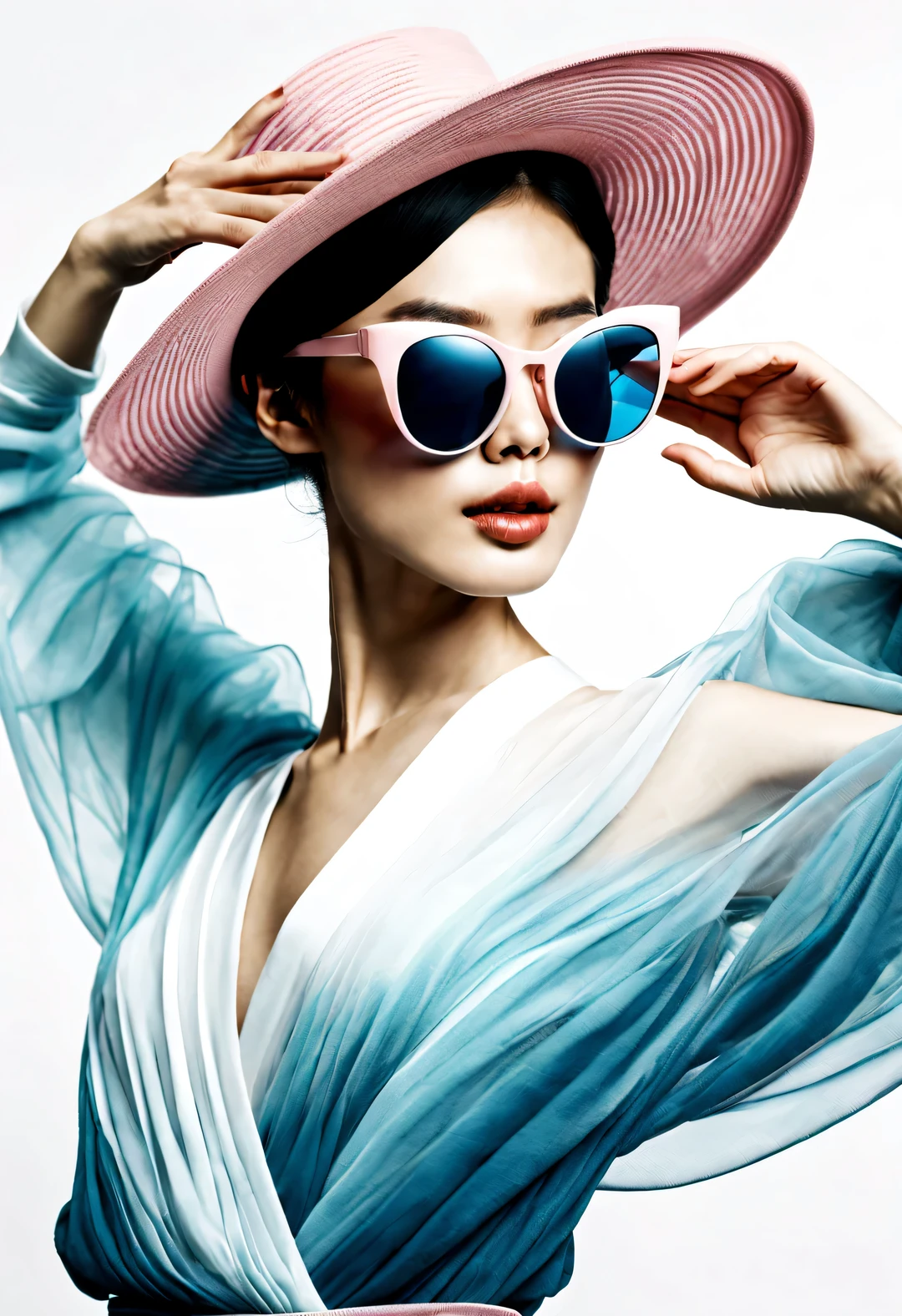 (Modern art dance simple poster design), (Half-length close-up), (Beautiful Chinese girl dancing in the air), (Wearing sunglasses and a hat: 1.2), (Soft pink contrasts with deep navy blue), Showing the warmth and depth of winter, Both fashionable and with a touch of gentle feminine charm. Wear modern and stylish winter fashion, slim waist, high nose bridge, Head up posture, sad yet beautiful, slim figure, Exquisite facial features, correct finger,
background: briefcase dance, swirling fog illustration, ink painting, black hair, double buns hairstyle, Proud, Surrealism, contemporary art photography, action painting illustration, abstract expressionism, Pixar, depth of field, motion blur, backlight, Falling shadows, Vignetting, Elevation viewing angle, Sony FE General Manager, ultra high definition, masterpiece, Accuracy, textured skin, Super details, high detail, high quality, Award-winning, best quality, Level, 16k, Shot from a bottom-up perspective,