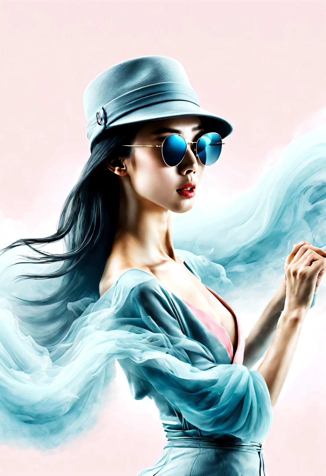 (Modern art dance simple poster design), (Half-length close-up), (Beautiful Chinese girl dancing in the air), (Wearing sunglasses and a hat: 1.2), (Soft pink contrasts with deep navy blue), Showing the warmth and depth of winter, Both fashionable and with a touch of gentle feminine charm. Wear modern and stylish winter fashion, slim waist, high nose bridge, Head up posture, sad yet beautiful, slim figure, Exquisite facial features, correct finger,
background: briefcase dance, swirling fog illustration, ink painting, black hair, double buns hairstyle, Proud, Surrealism, contemporary art photography, action painting illustration, abstract expressionism, Pixar, depth of field, motion blur, backlight, Falling shadows, Vignetting, Elevation viewing angle, Sony FE General Manager, ultra high definition, masterpiece, Accuracy, textured skin, Super details, high detail, high quality, Award-winning, best quality, Level, 16k, Shot from a bottom-up perspective,