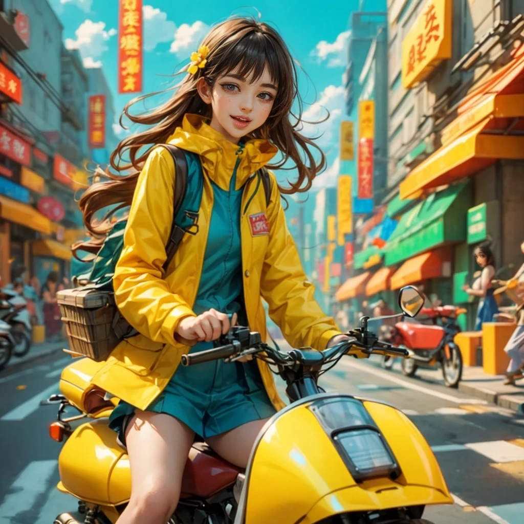(panoramic:1.5), A realistic, photographic-style illustration in a flat, 2D format, showing a cheerful delivery girl riding a yellow motorcycle. She is depicted as a cute, optimistic girl with a happy smile, enduring the hard work of daily deliveries without complaint. Dressed in standard work attire, she navigates through the bustling city streets. This girl embodies wisdom, beauty, and diligence, presenting a sweet and admirable character. The image captures her in an ultra-wide-angle, panoramic view of the city, emphasizing a realistic, (花卉水彩画:1.5), (Ultra high saturation, bright and vivid colors: 1.5), (nsfw), (Facing the viewer: 1.5), (解剖学正确,准确完美的韩国女性脸部特征:1.5)
