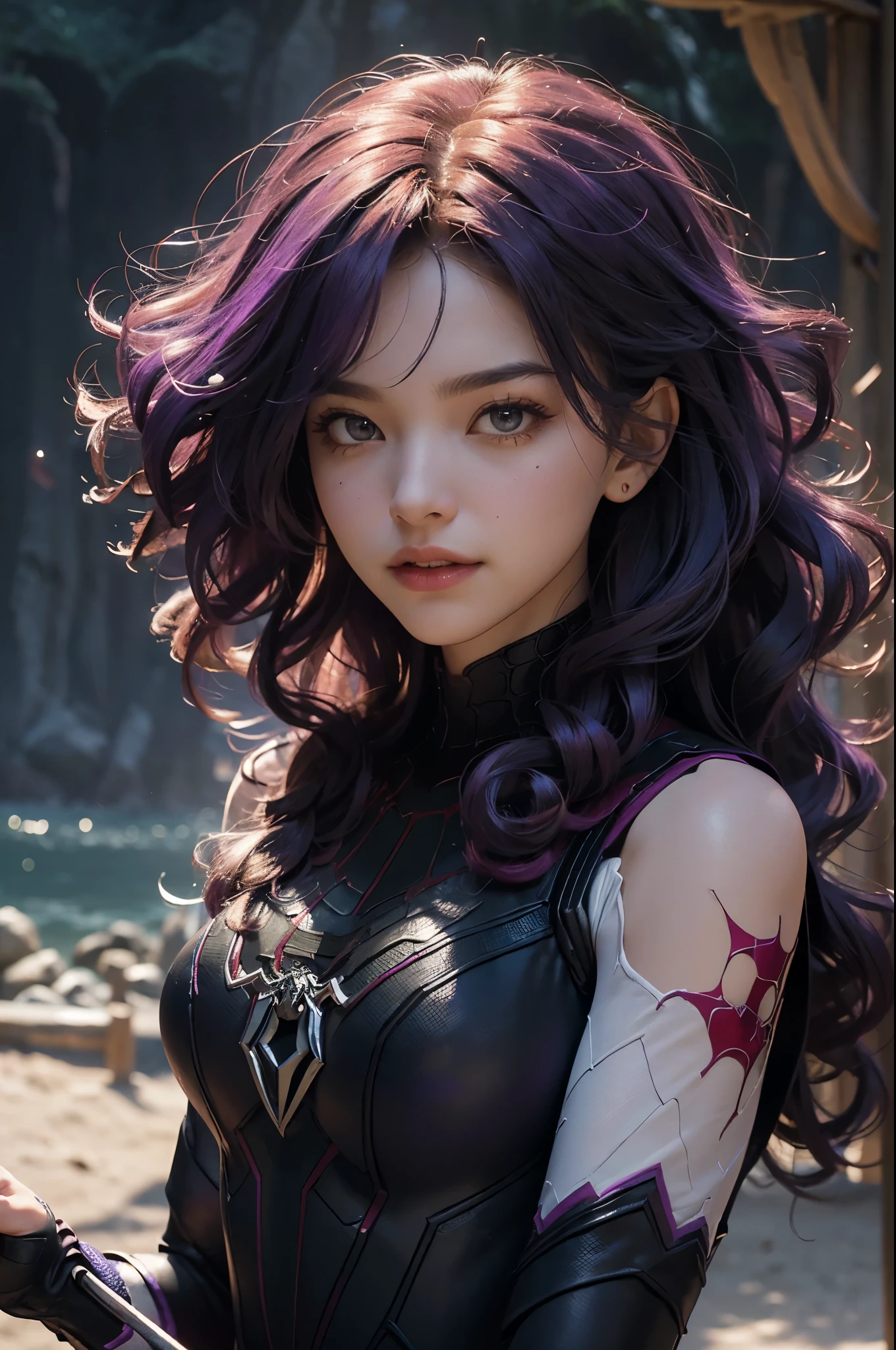 (Extreme Detail CG Unity 8K wallpaper, masterpiece, highest quality), (Exquisite lighting and shadow, highly dramatic picture, Cinematic lens effect), a beautiful girl in a purple Spider-Man costume, purple curly hair color, long hair, 2fang, from the Spider-Man parallel universe, Wenger, Marvel, Spider-Man, on the beach, very beautiful face, dynamic pose), (excellent detail, excellent lighting, wide angle), (excellent rendego on cave, enough to stand out in cave, clasocus on purple Spider-Man costumes, complex spider textures