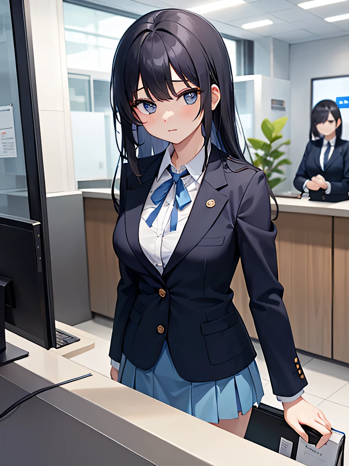 (1) A woman is waiting at the company&#39;s reception counter.. (There was only one woman at the reception counter..)
(2) The woman is wearing a light blue blazer and a light blue skirt. she wears a ribbon around her neck. (Blazer buttons must be closed.)
(3) she has long black hair.
(4) her expression is cold and cold.
(5) The location is the company&#39;s reception counter..