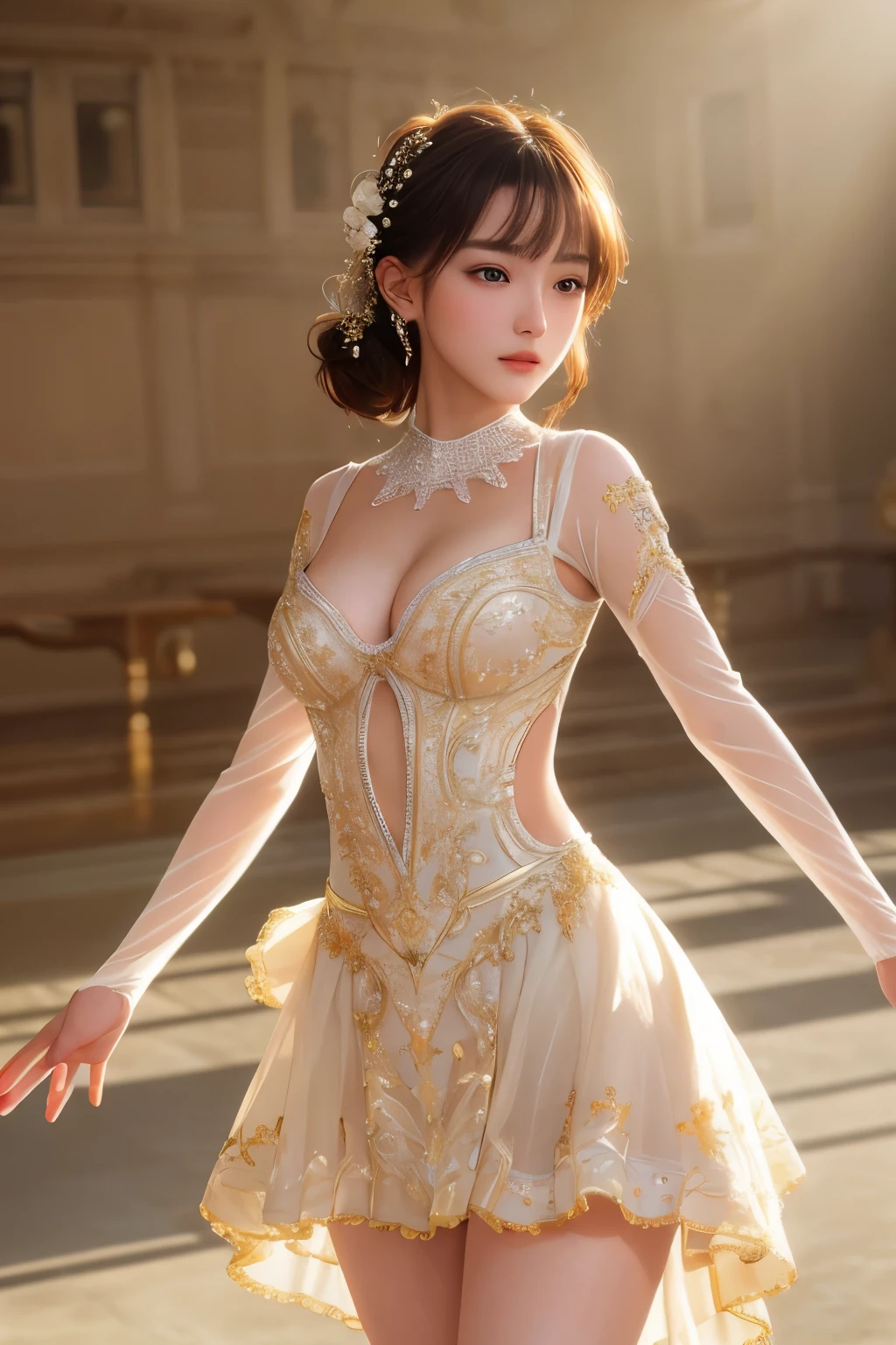 ultra high resolution,masterpiece,best quality,
very detailed face,delicate eyes,extremely complex,Perfect radiant skin,perfect lighting,detailed lighting,dramatic shadows,Ray tracing,
1 girl,White dance costume,looking at the audience,Amazing,sexy