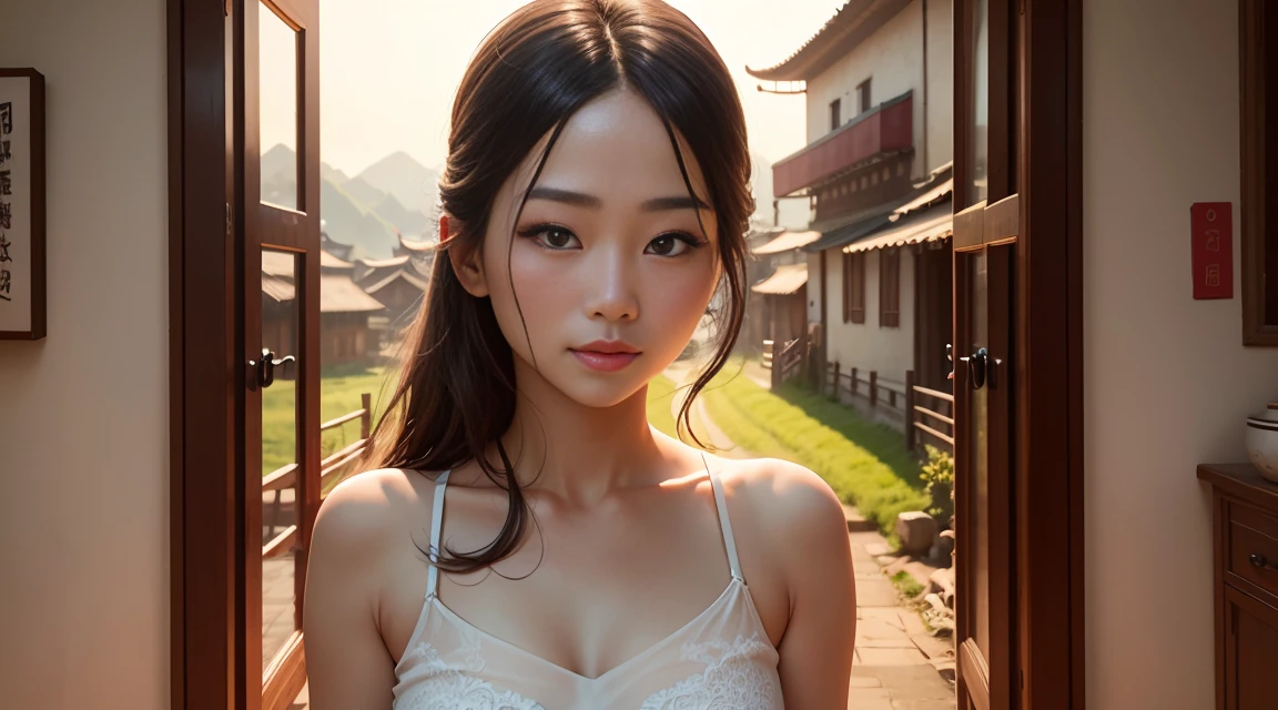 A quiet and remote Sichuan village,Chinese countryside,The afterglow of the setting sun illuminates the fields,There is no one on the field。rural area,Spring couplets posted in front of the door,a girl, bare shoulders, gentle smile, glossy skin, (best quality,4k,8k,highres,masterpiece:1.2), ultra-detailed, (realistic:1.37), beautiful detailed eyes, beautiful detailed lips, long eyelashes, flowing hair, natural lighting, soft colors,A quiet and remote Sichuan village,Chinese countryside,The afterglow of the setting sun illuminates the fields,There is no one on the field。rural area,Spring couplets posted in front of the door