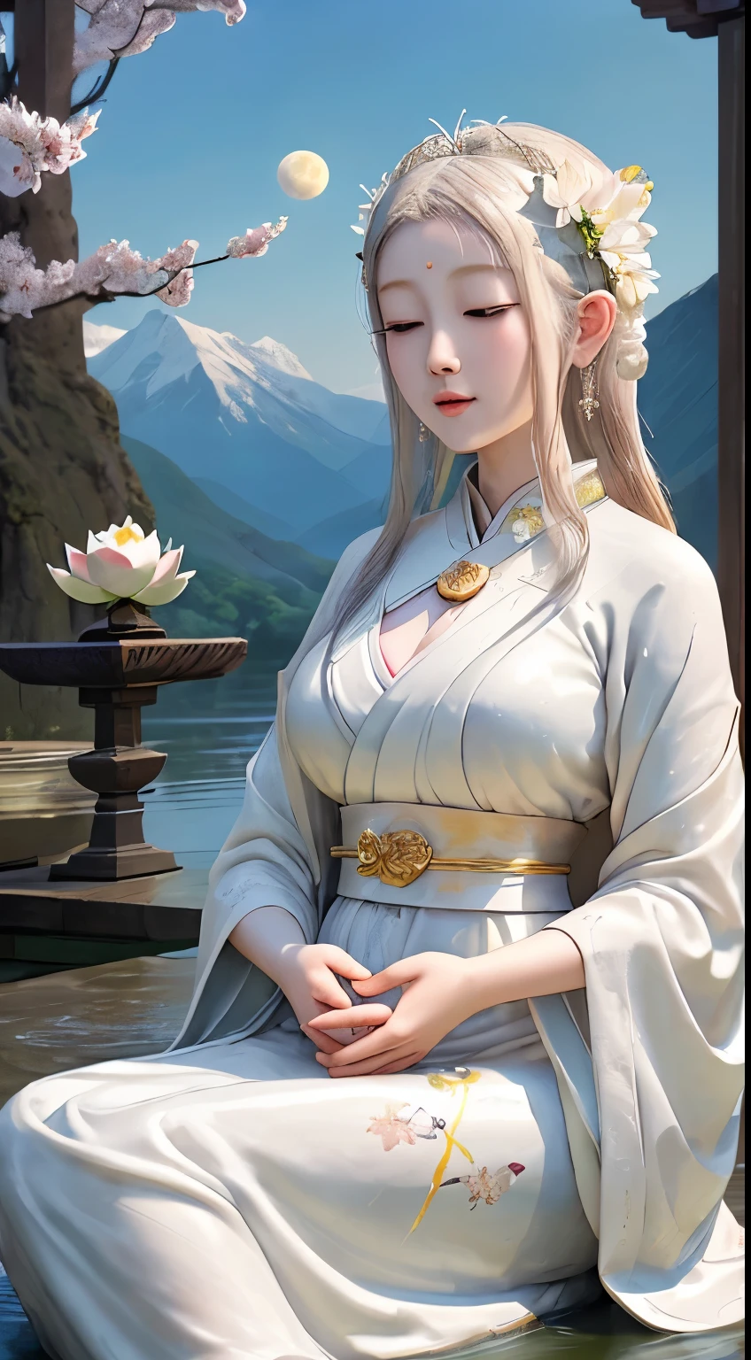 (masterpiece),(highest quality),(Super detailed), (Buddha statue), (body:1.2), 1 guanyin, guanyin, One, Hand Cloth, cross One's hands, put your hands together, bright white, floating in a powerful zen state, with lotus flowers, white skin, Amitayus, sitting on a lotus flower, beautiful woman,Holding hands and chanting the Buddha's name, huge moon, big lotus, temple, Wearing clothes, white skin, round face, kind, kind, look, Mountain, wood, cherry blossoms, forest, bird, cloud, dew, green, white skin, white pink, (beautiful detailed face), (surrealism), (close your eyes),