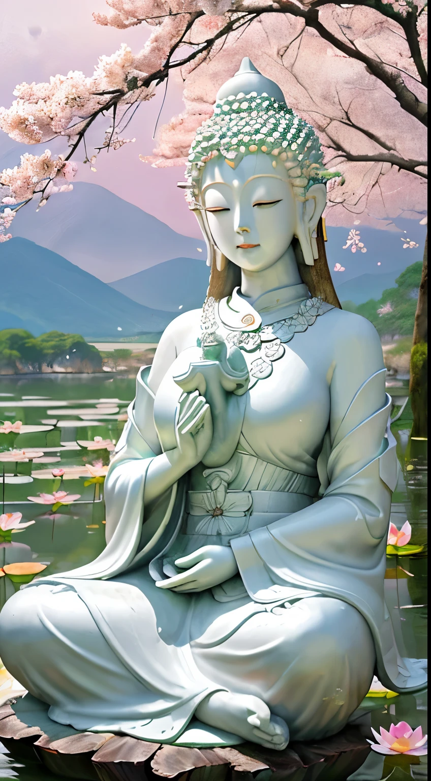 (masterpiece),(highest quality),(Super detailed), (Buddha statue), (body:1.2), 1 guanyin, guanyin, One, Hand Cloth, cross One's hands, put your hands together, bright white, floating in a powerful zen state, with lotus flowers, white skin, Amitayus, sitting on a lotus flower, beautiful woman,Holding hands and chanting the Buddha's name, huge moon, big lotus, temple, Wearing clothes, white skin, round face, kind, kind, look, Mountain, wood, cherry blossoms, forest, bird, cloud, dew, green, white skin, white pink, (beautiful detailed face), (surrealism), (close your eyes),