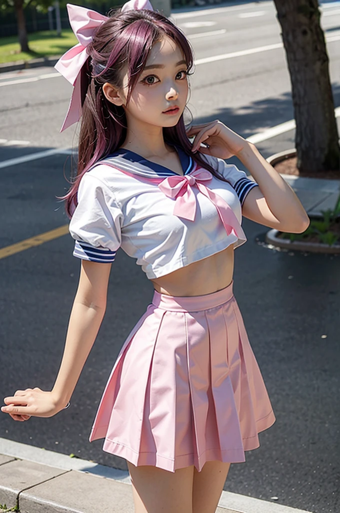 1girll,Twin-tailed,Colorful hair,Flying,pink bows,-yeld fee model,Side,Thigh、School Uniforms、a sailor suit、Dark blue uniform、mini pleated skirt、Colossal tits、kawaii、realisitic、pantiy、Idol、