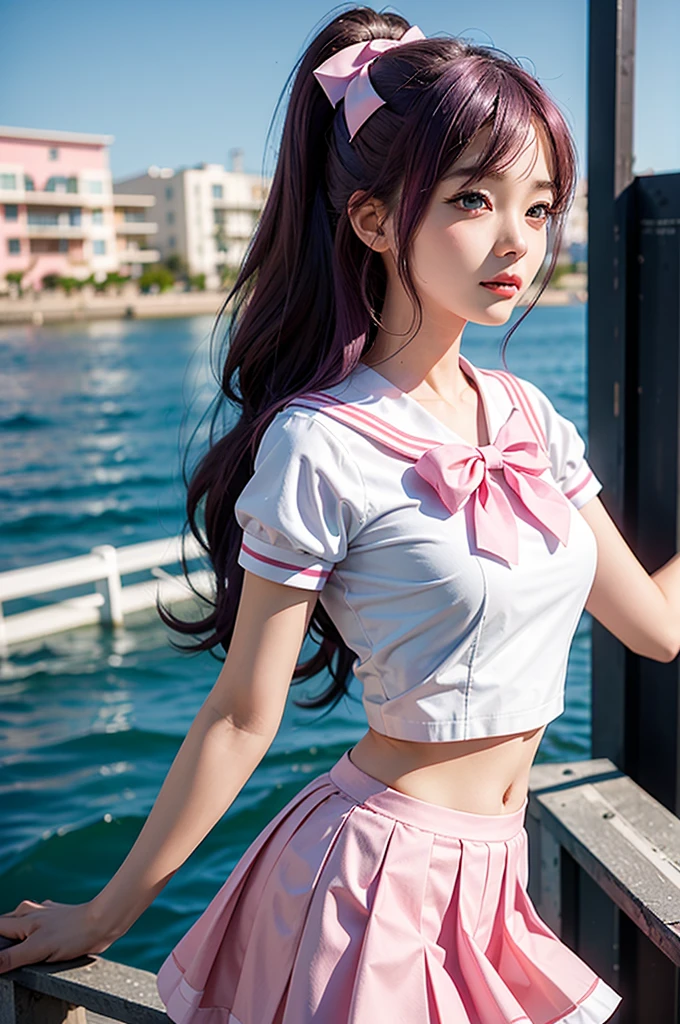 1 pretty female student,Double tail,Colorful hair,flight,White sailor skirt,Pink bow,16-year-old female model,side,